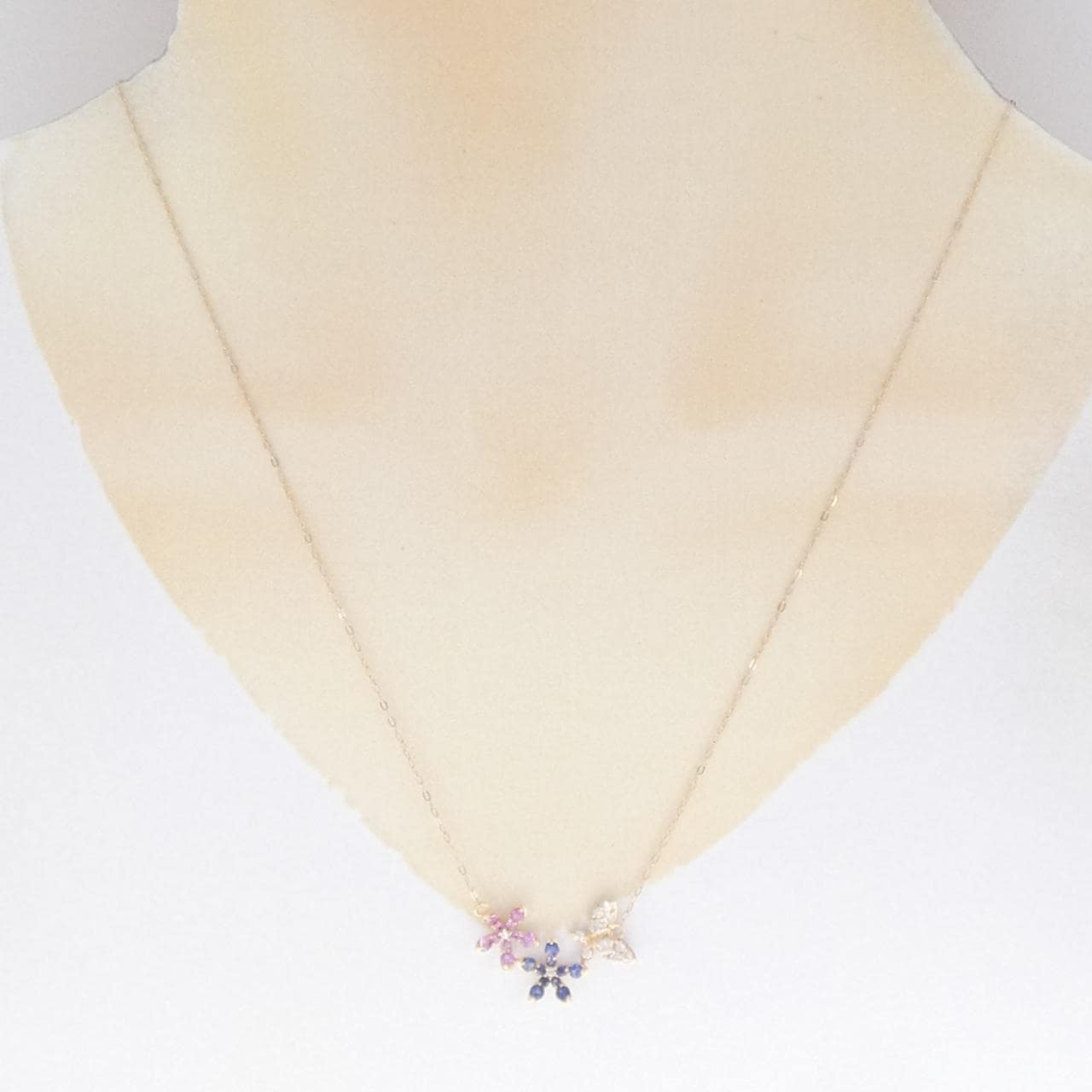 K18PG フラワー×バタフライ サファイヤ ネックレス 0.65CT