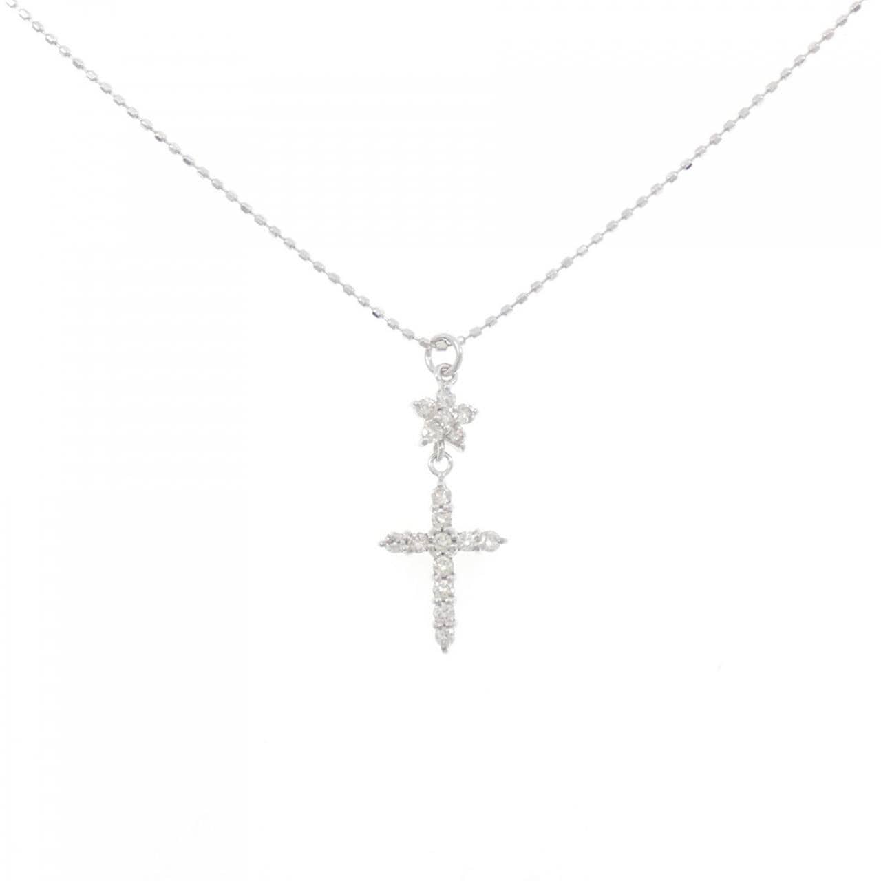 K18WG クロス×フラワー ダイヤモンド ネックレス 0.24CT