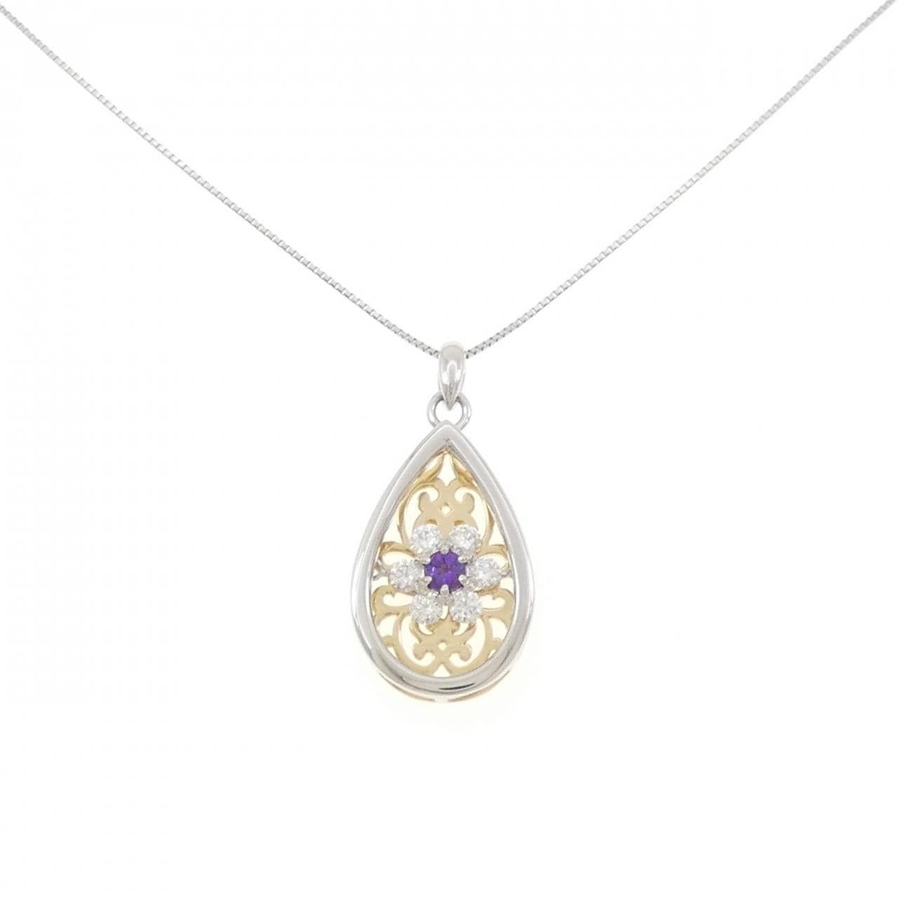 PT900/K18YG/PT850 フラワー アメジスト ネックレス 0.16CT