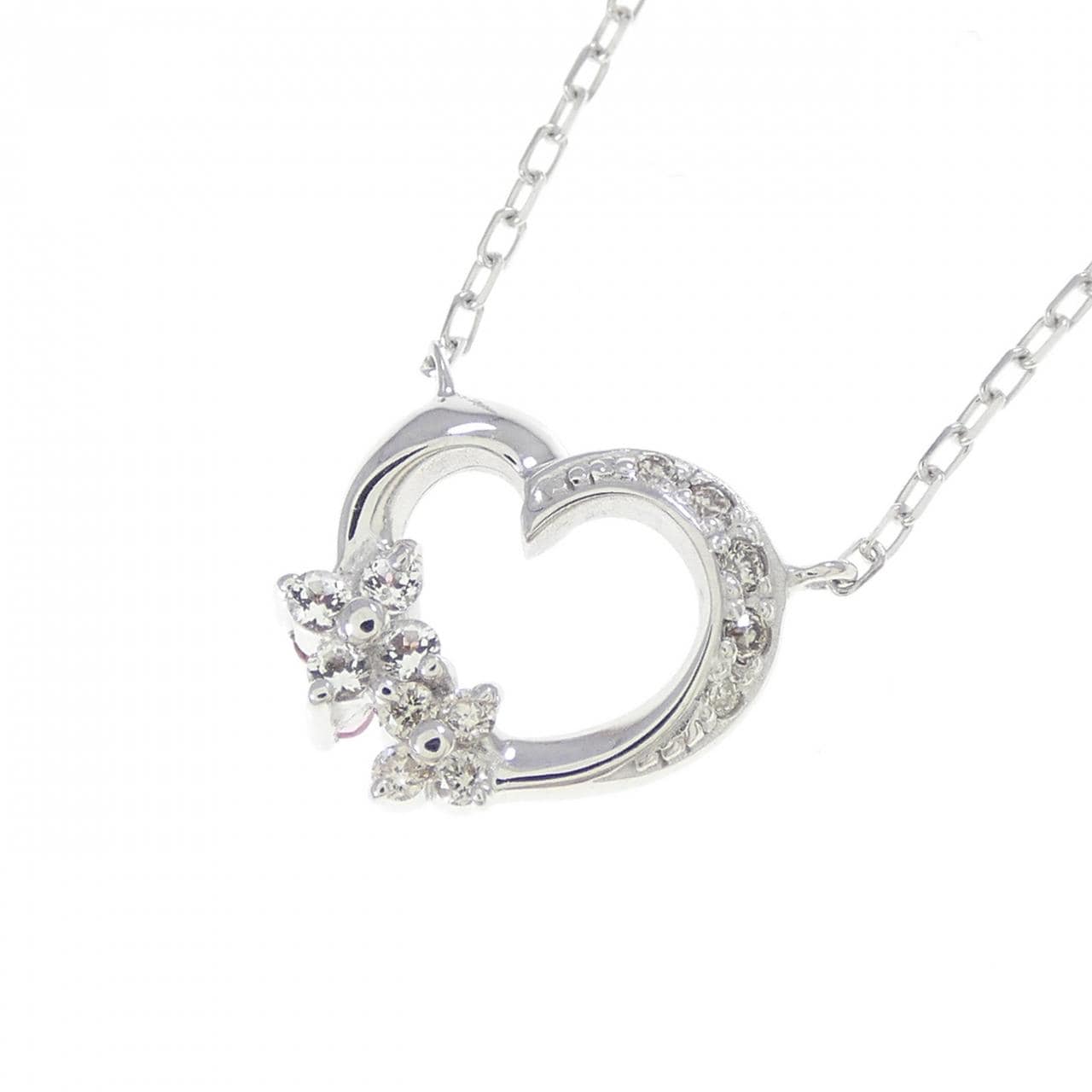 K18WG ハート×フラワー カラーストーン ネックレス