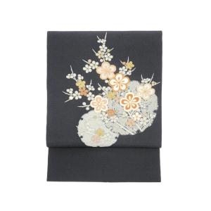 名古屋帯　ちりめん染帯　友禅加工刺繍入り