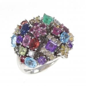 K18WG フラワー カラーストーン リング