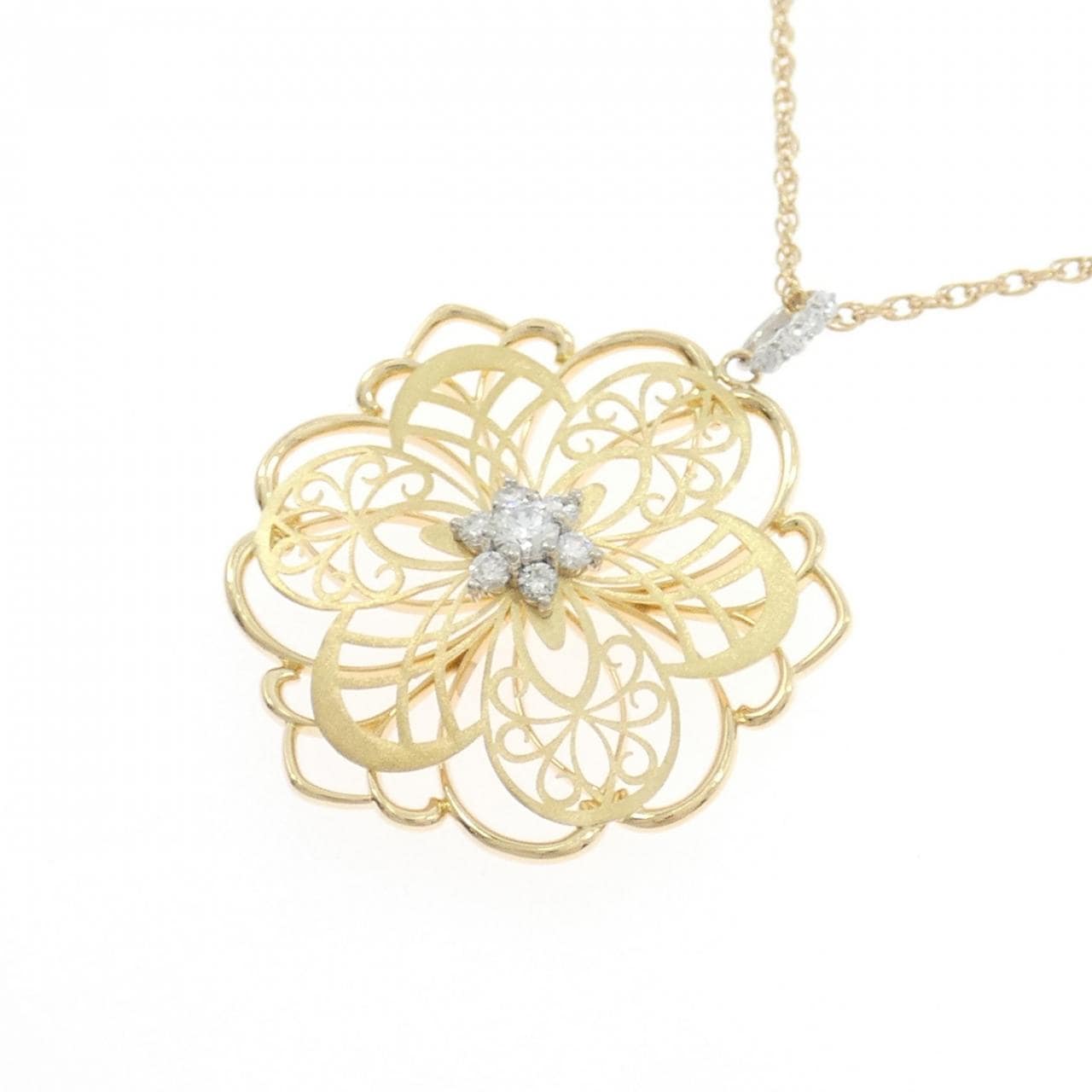K18YG/PT900 フラワー ダイヤモンド ネックレス 0.30CT
