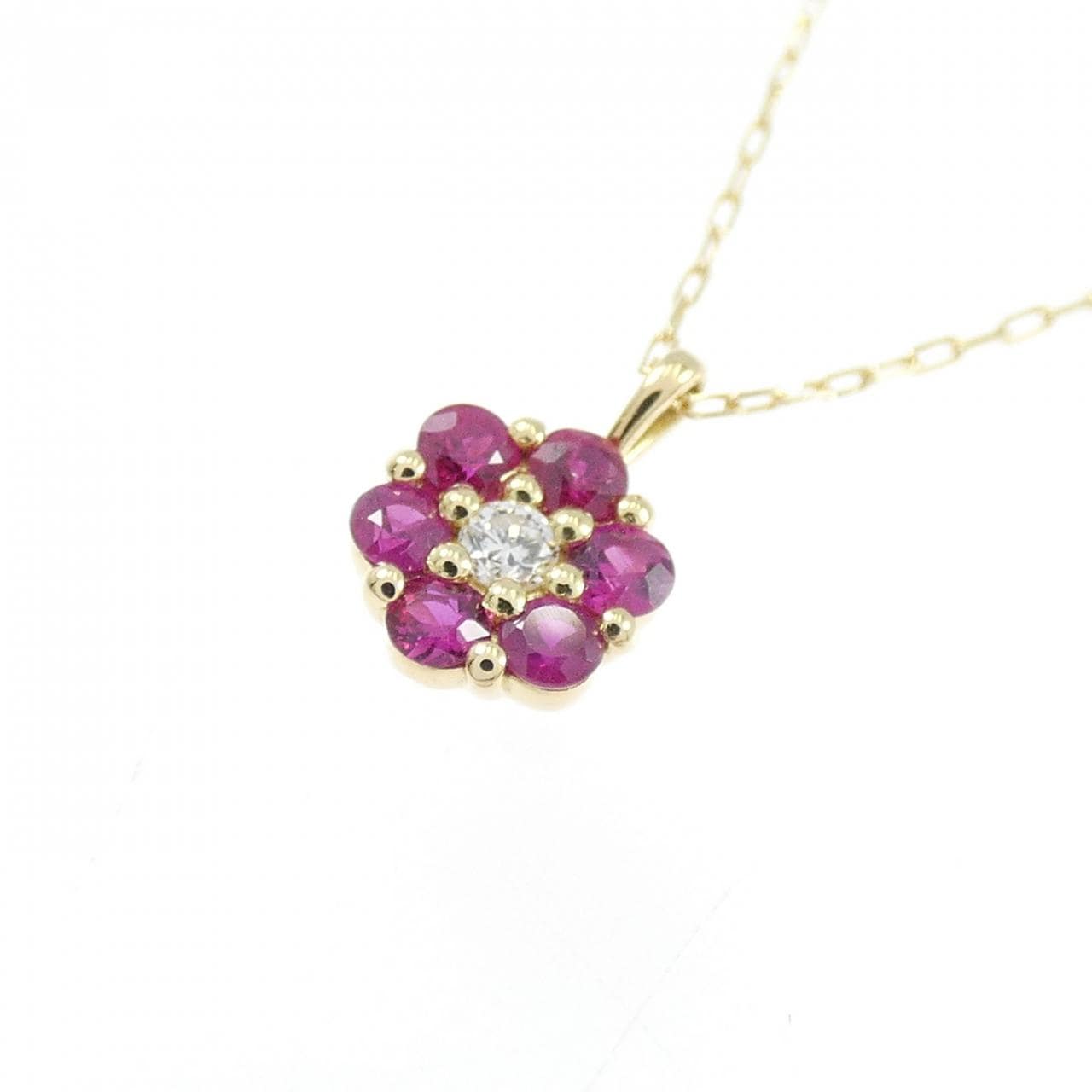 【新品】K18YG フラワー ルビー ネックレス 0.12CT