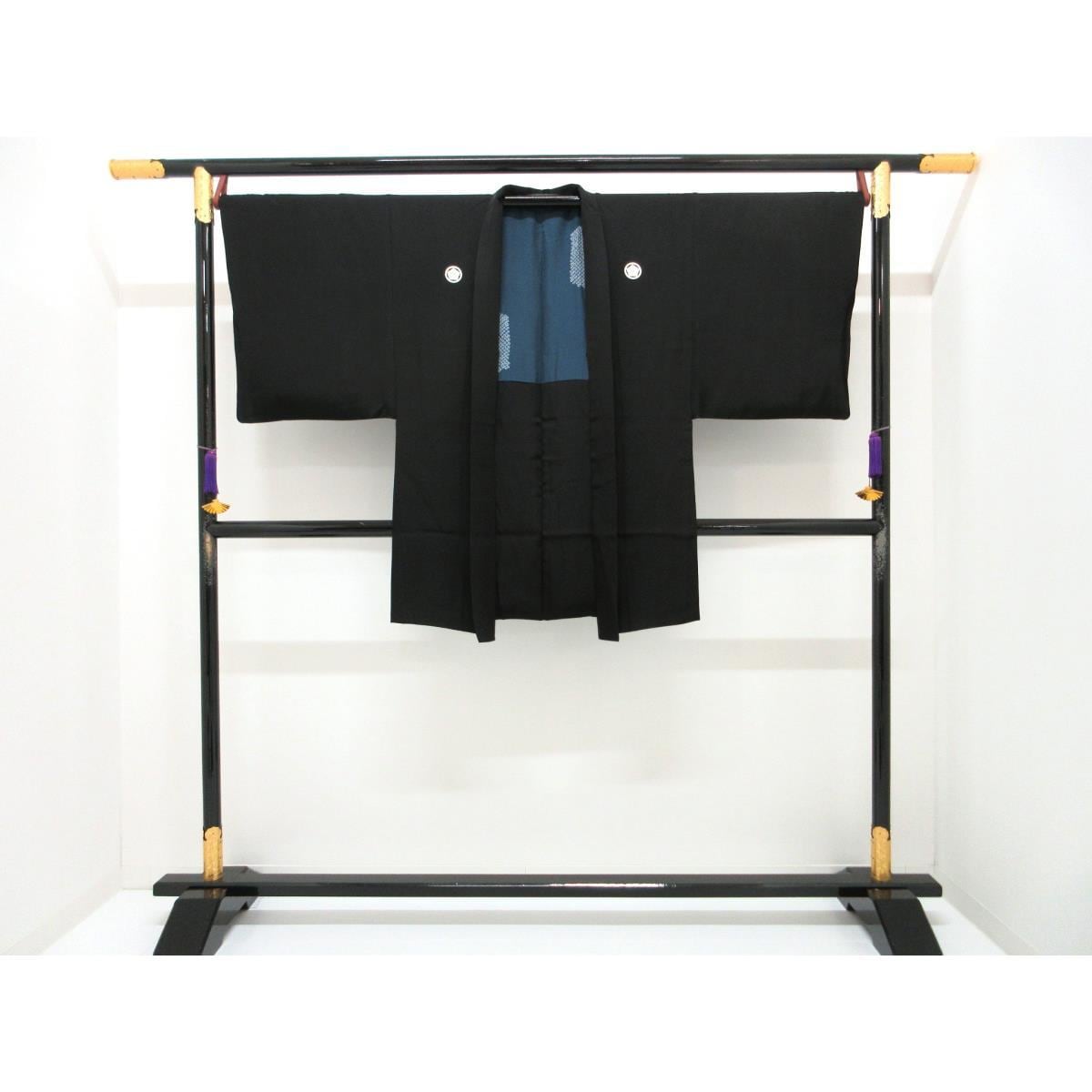 男物　黒羽二重　丸に唐花　きもの羽織　２点セット