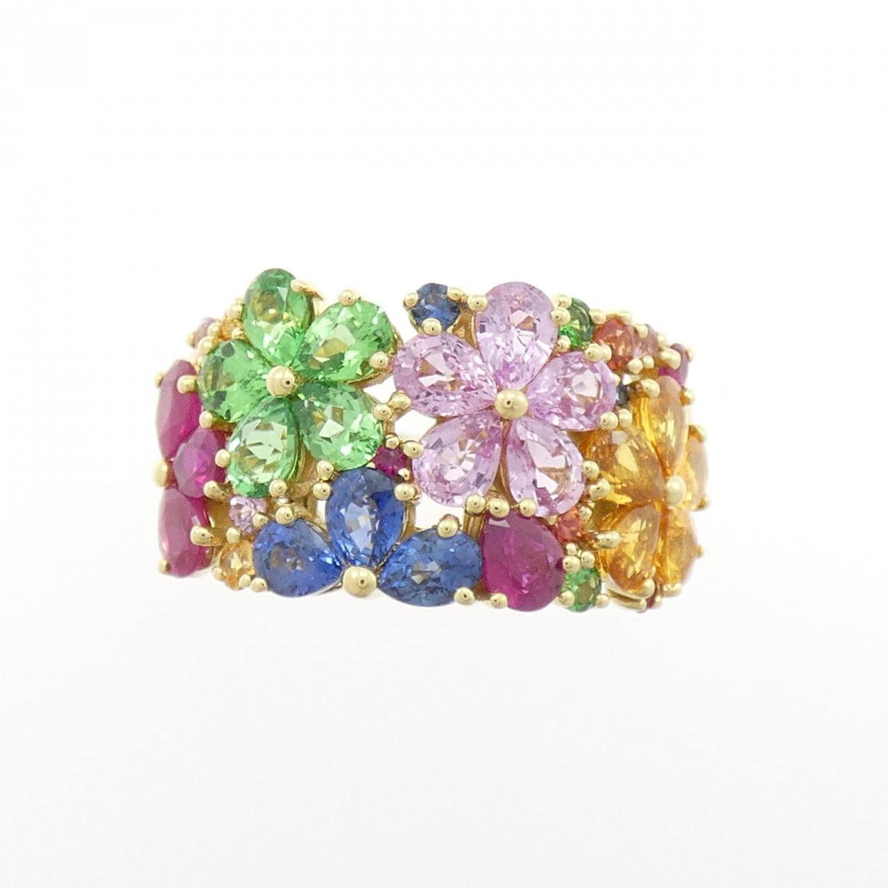 K18YG フラワー カラーストーン リング