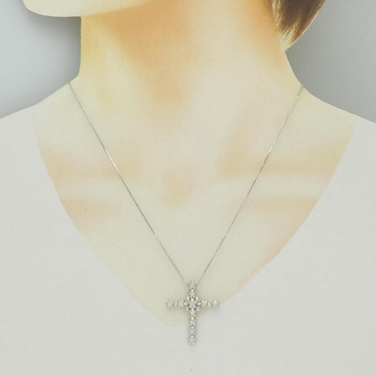 K18WG クロス×フラワー ダイヤモンド ネックレス 0.21CT