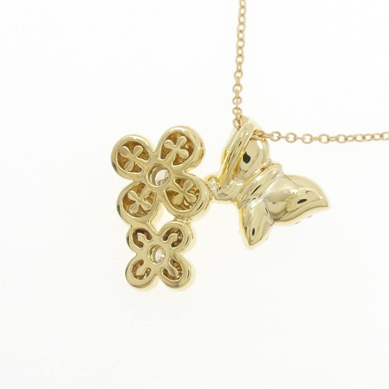 K18YG/K18WG バタフライ×フラワー パヴェ ダイヤモンド ネックレス 0.45CT