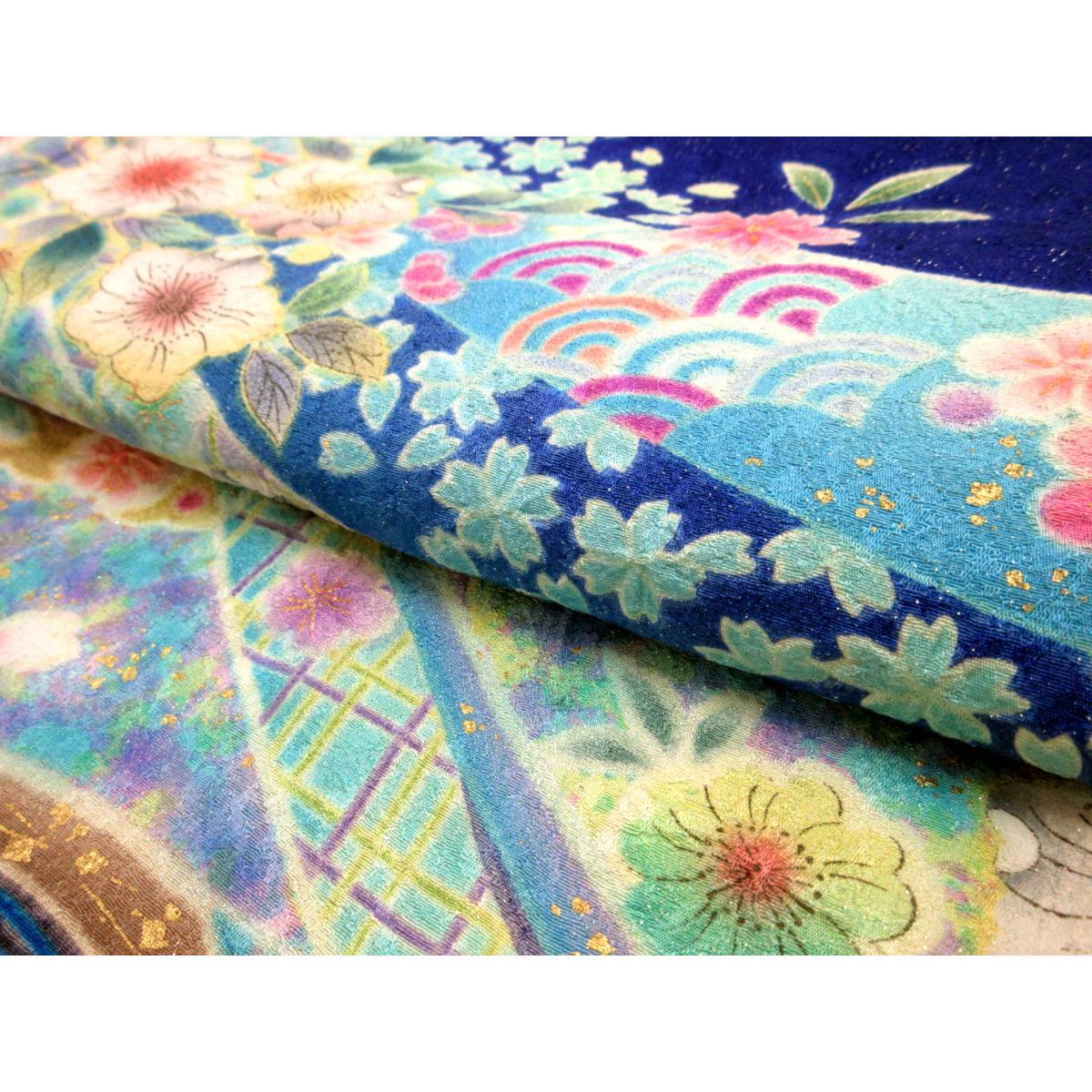 振袖　銀通しボカシ染　友禅金彩加工　刺繍入り