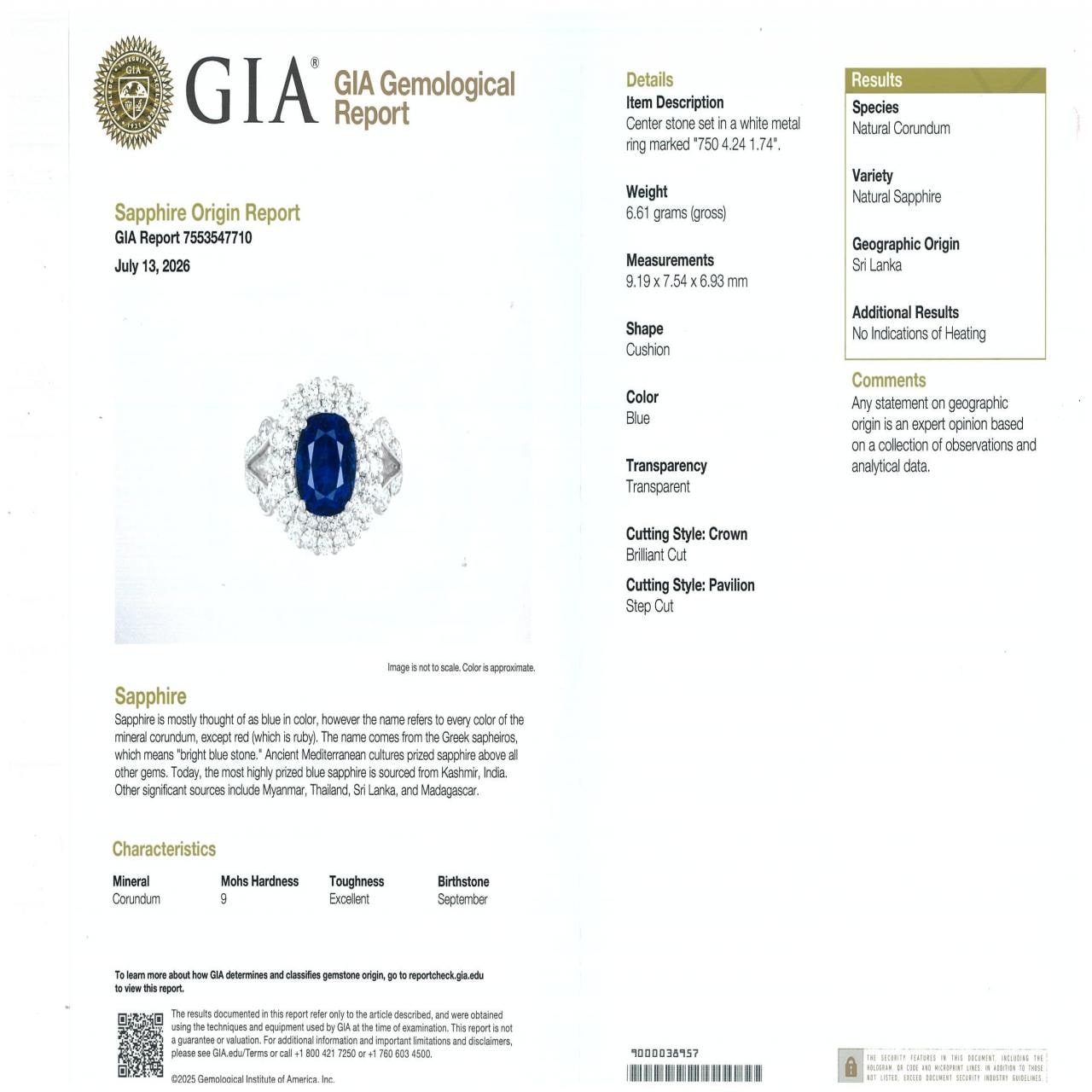 750WG 非加熱 サファイヤ リング 4.24CT スリランカ産