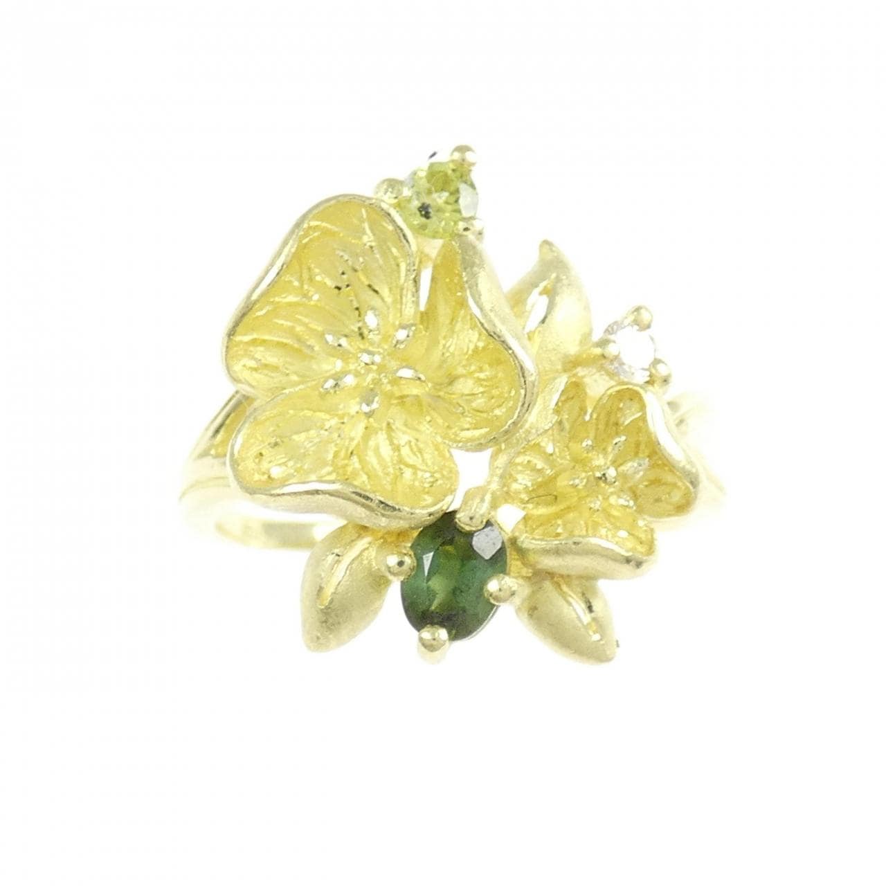 18KYG フラワー カラーストーン リング