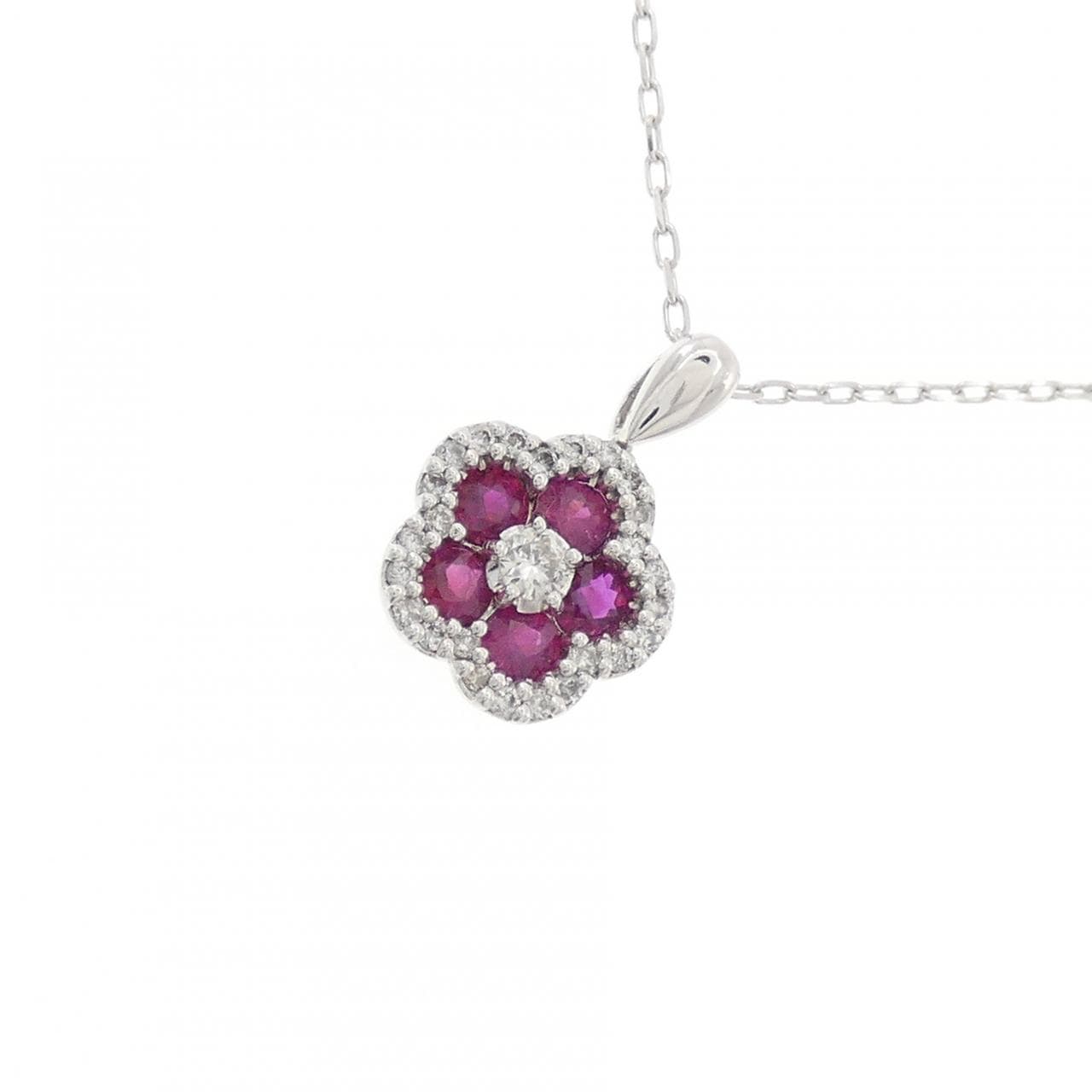 K18WG フラワー ルビー ネックレス 0.46CT