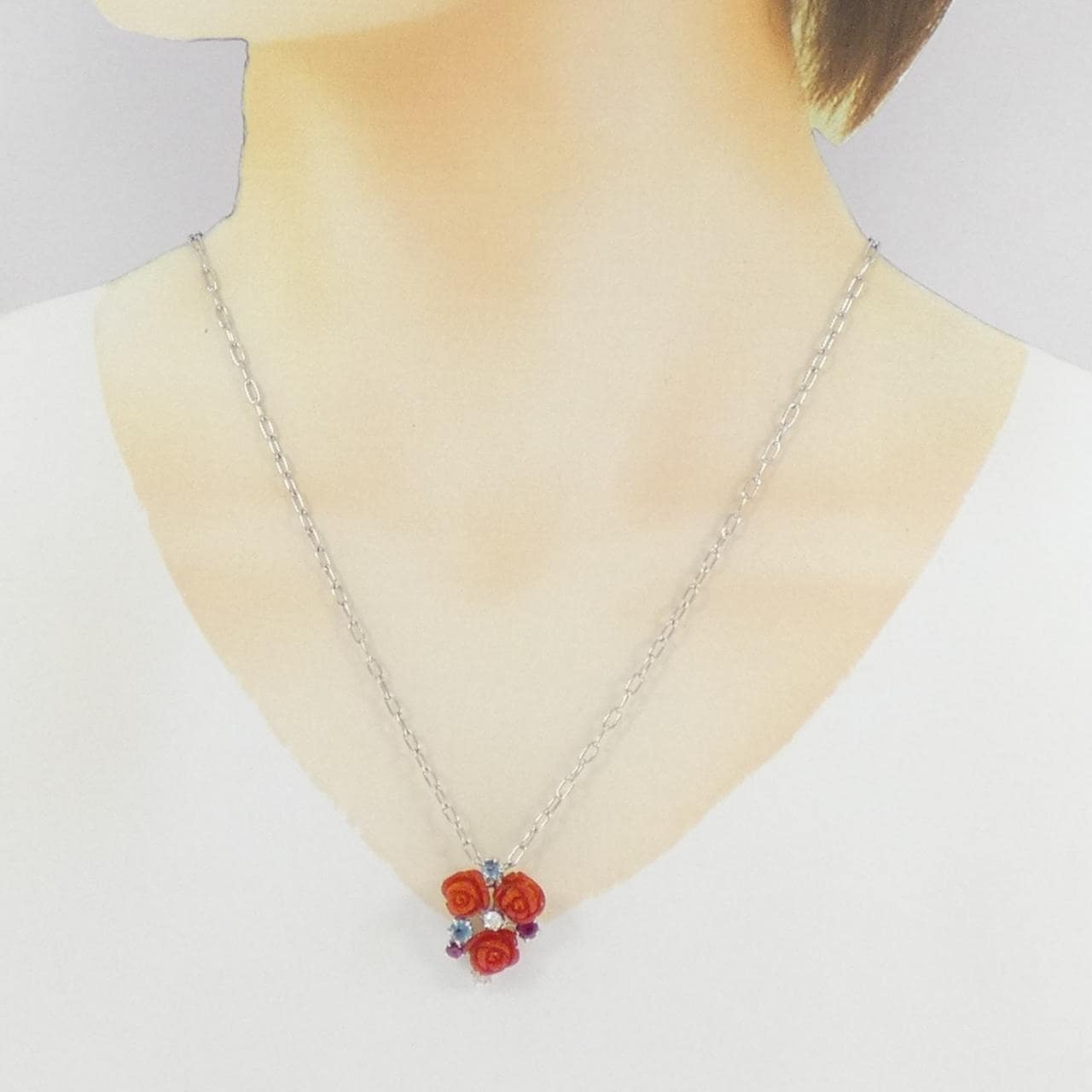 K18WG ローズ カラーストーン ネックレス