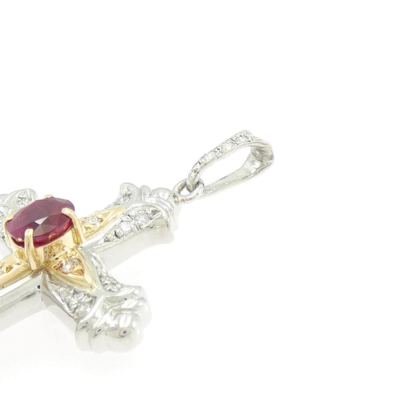PT900/K18YG クロス ルビー ペンダント 1.28CT