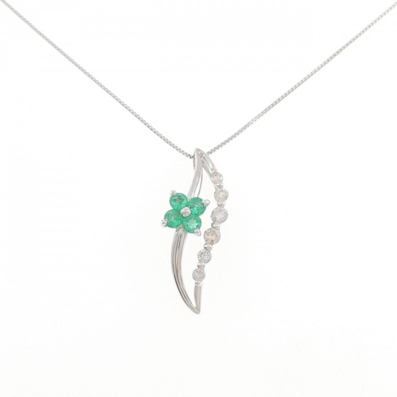K18WG フラワー エメラルド ネックレス 0.28CT
