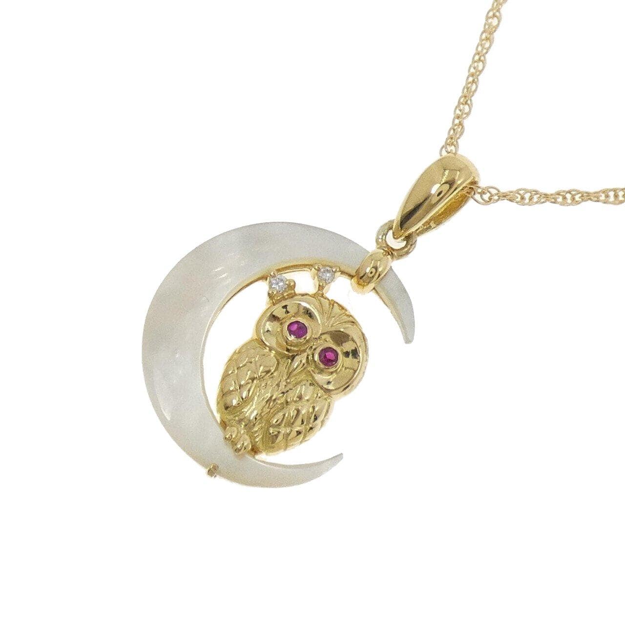 K18YG ムーン×フクロウ マザーオブパール ネックレス
