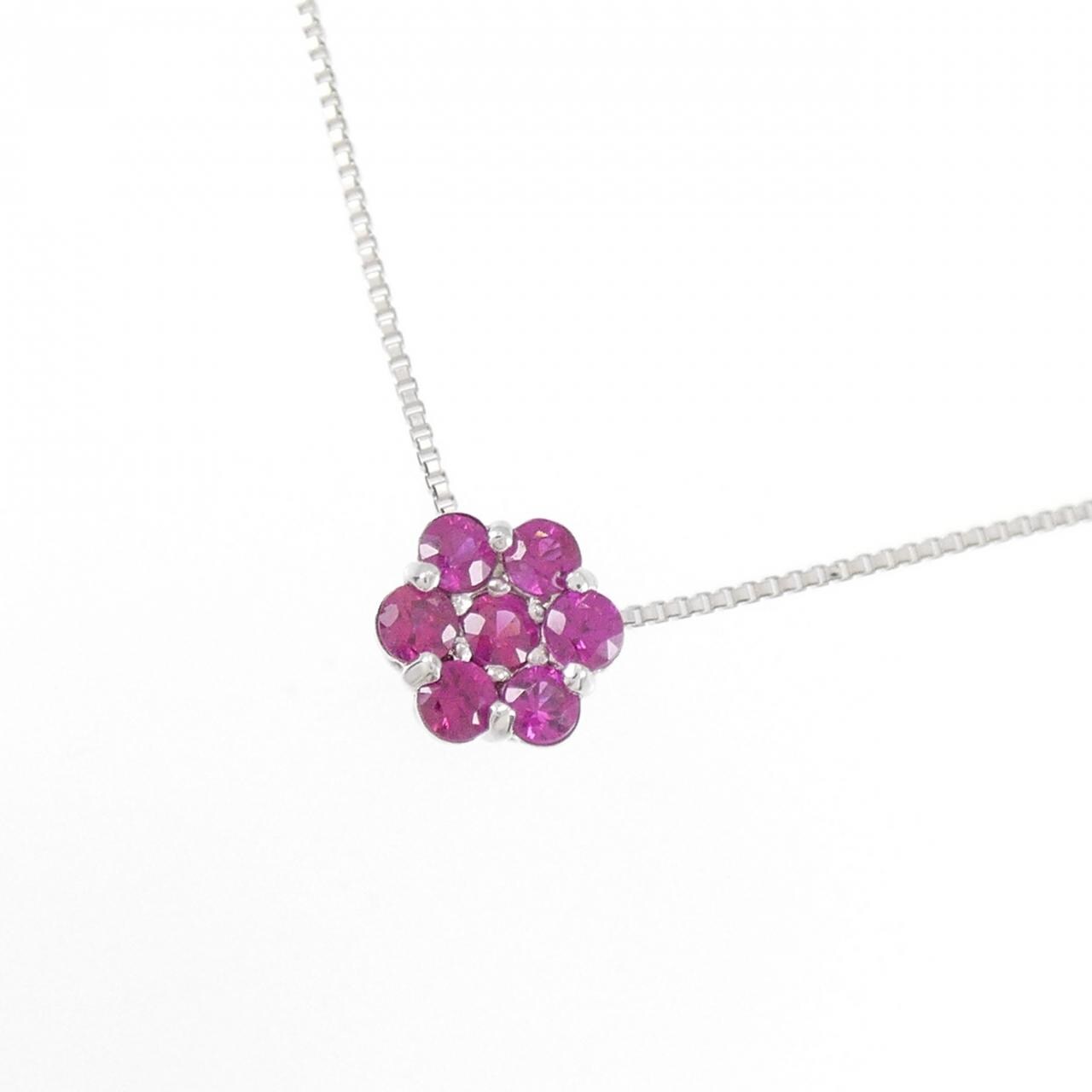 K18WG フラワー ルビー ネックレス 0.20CT