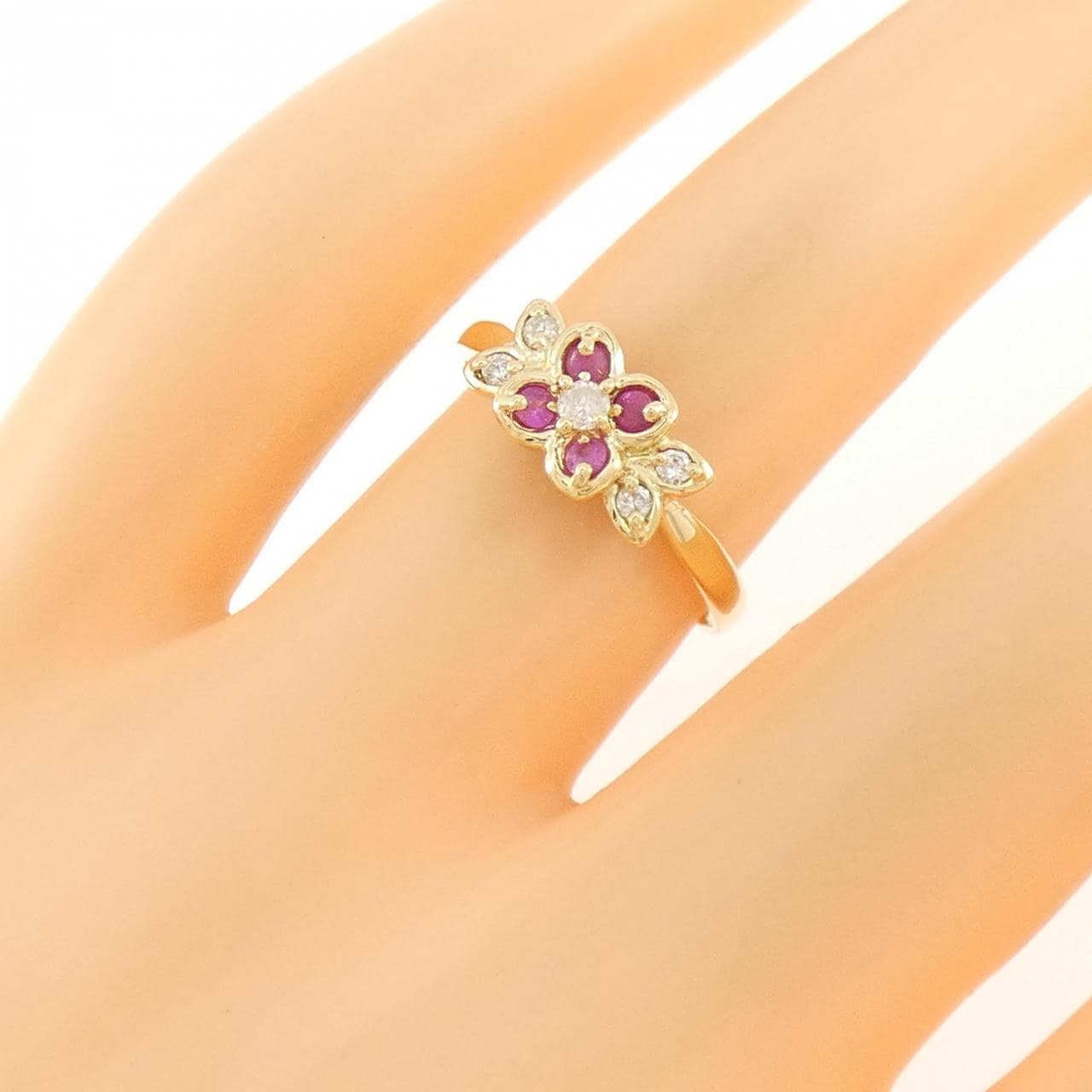 K18YG フラワー ルビー リング 0.12CT