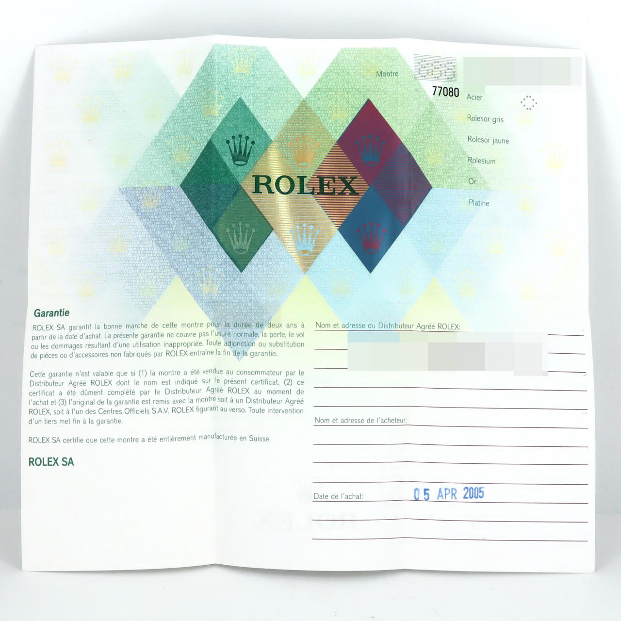 ROLEX蠔式恆動 77080 SS自動上弦Y 編號