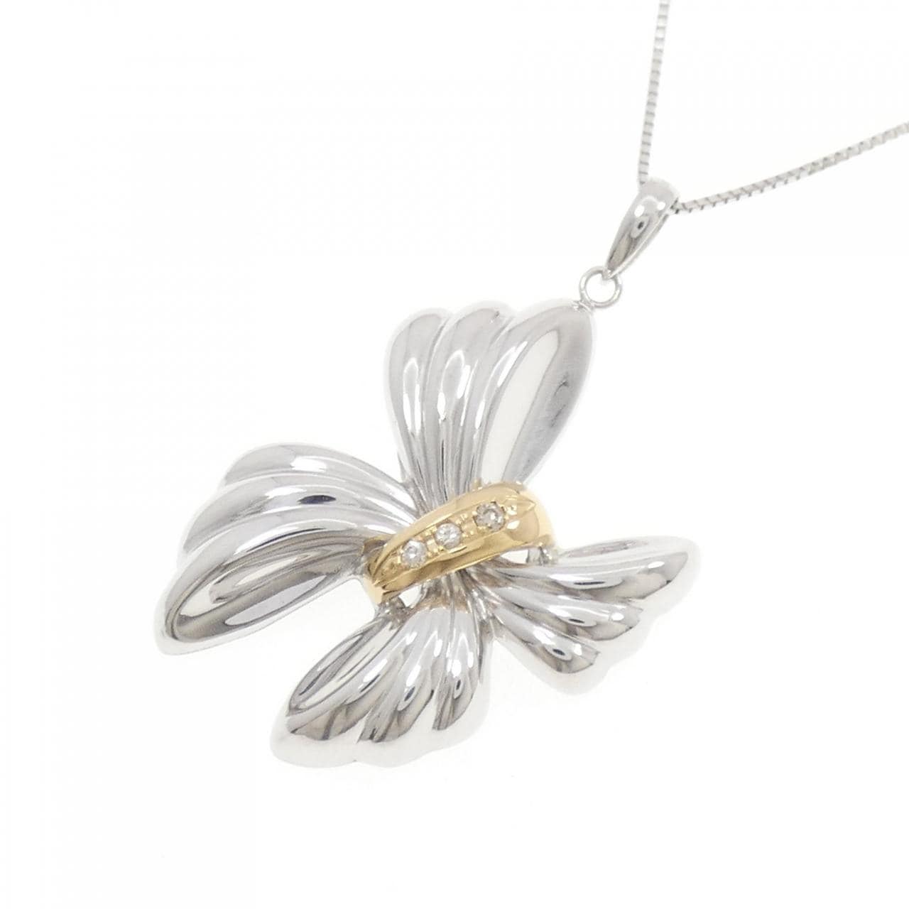 K18WG/K18YG リボン ダイヤモンド ネックレス 0.03CT