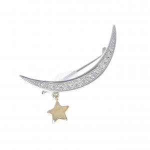 PT900/K18YG ムーン×スター ダイヤモンド ブローチ 0.20CT