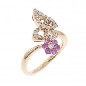 K18PG フラワー×バタフライ サファイヤ リング 0.18CT