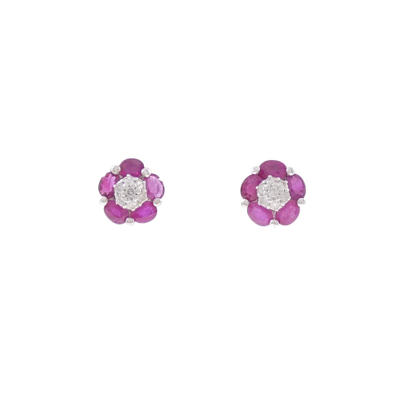 K18WG フラワー ルビー ピアス 2.24CT