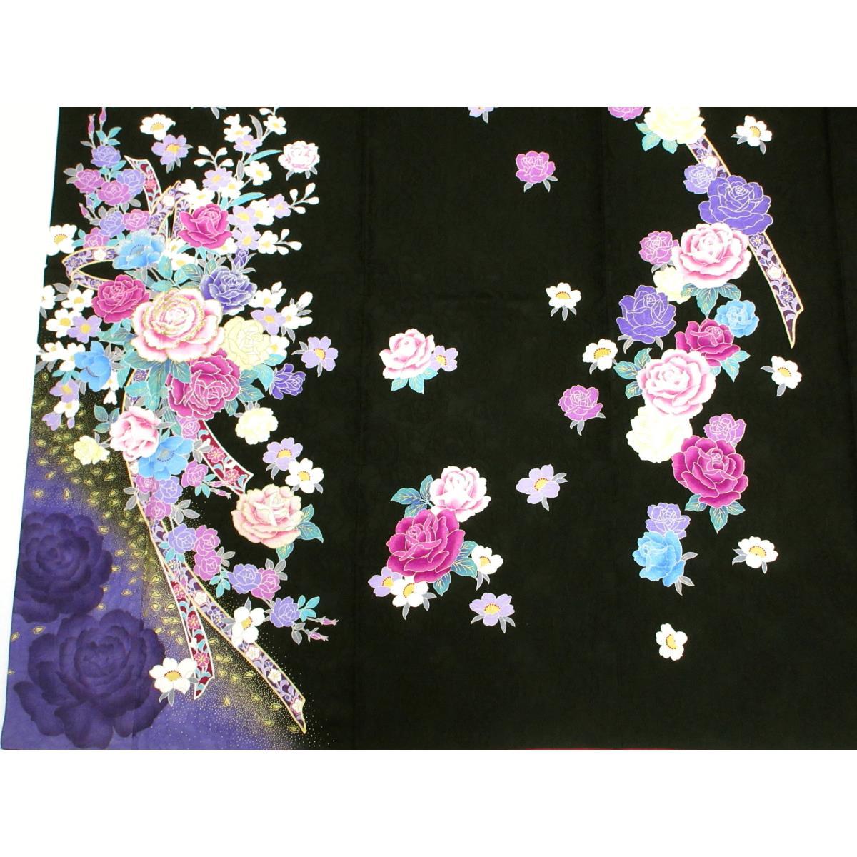 Long-sleeved kimono with gold-leaf Yuzen finish, embroidered gradation dyeing, polyester lining