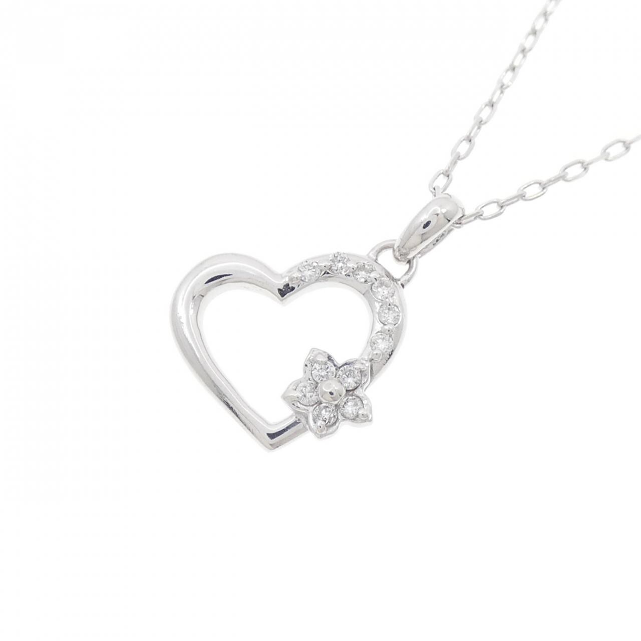 K18WG ハート×フラワー ダイヤモンド ネックレス 0.07CT