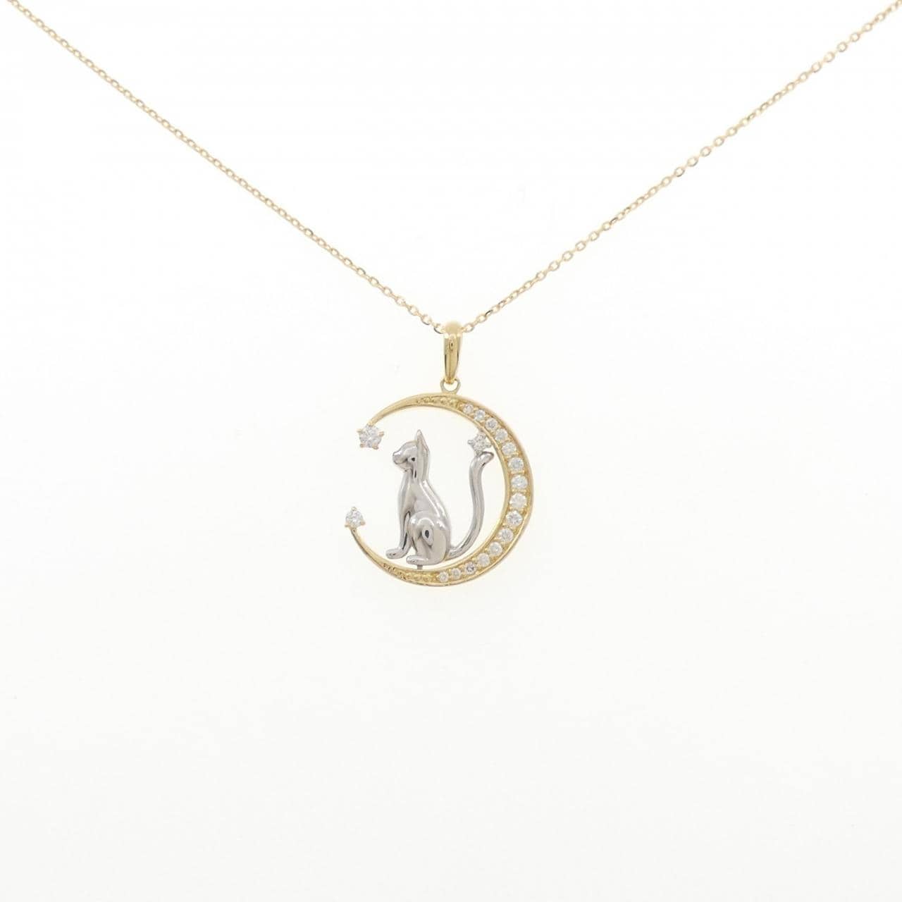 K18YG/PT900 キャット×ムーン ダイヤモンド ネックレス 0.22CT
