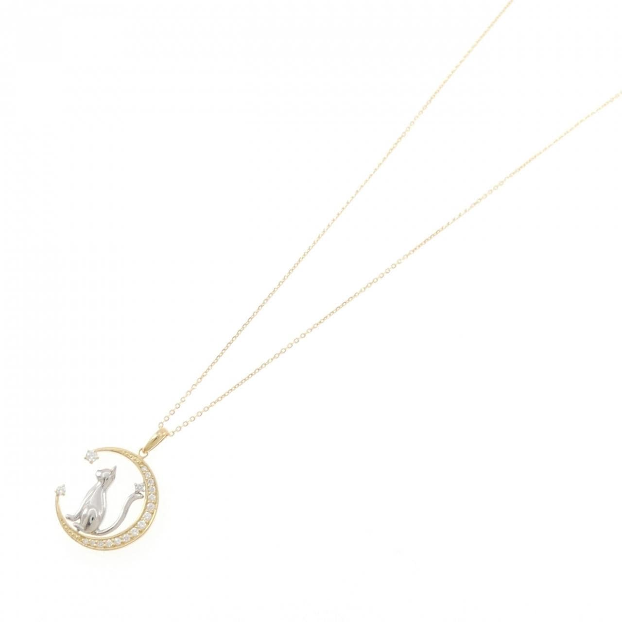K18YG/PT900 キャット×ムーン ダイヤモンド ネックレス 0.22CT