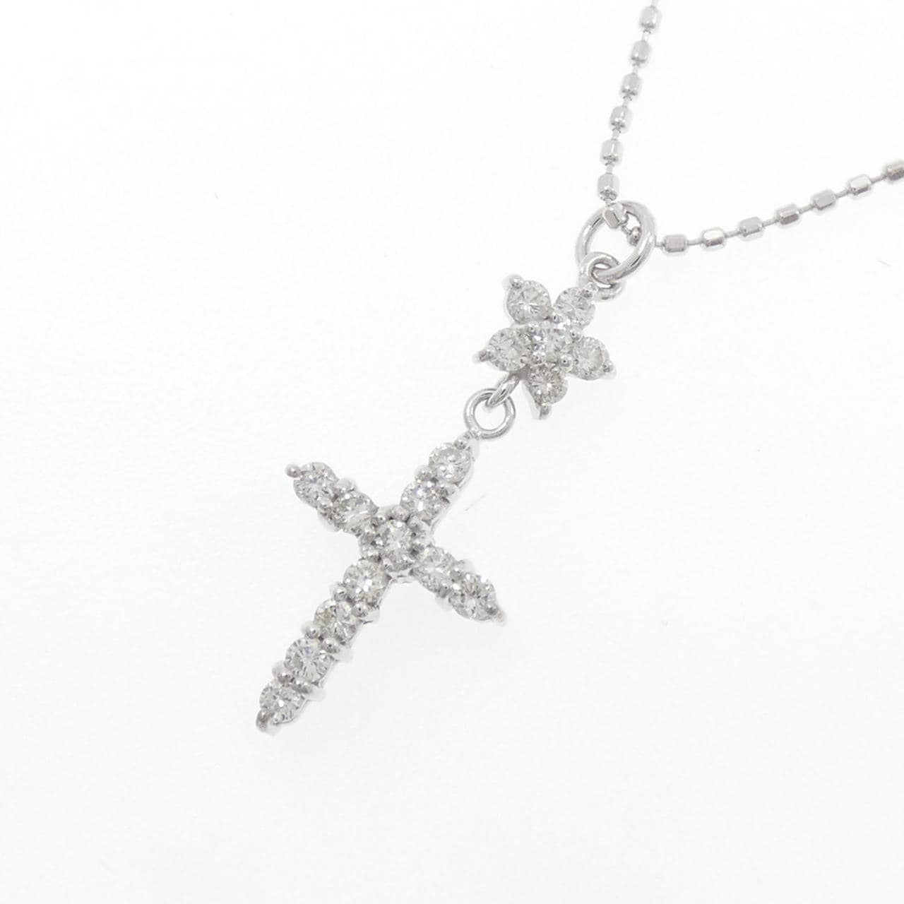 K18WG クロス×フラワー ダイヤモンド ネックレス 0.24CT