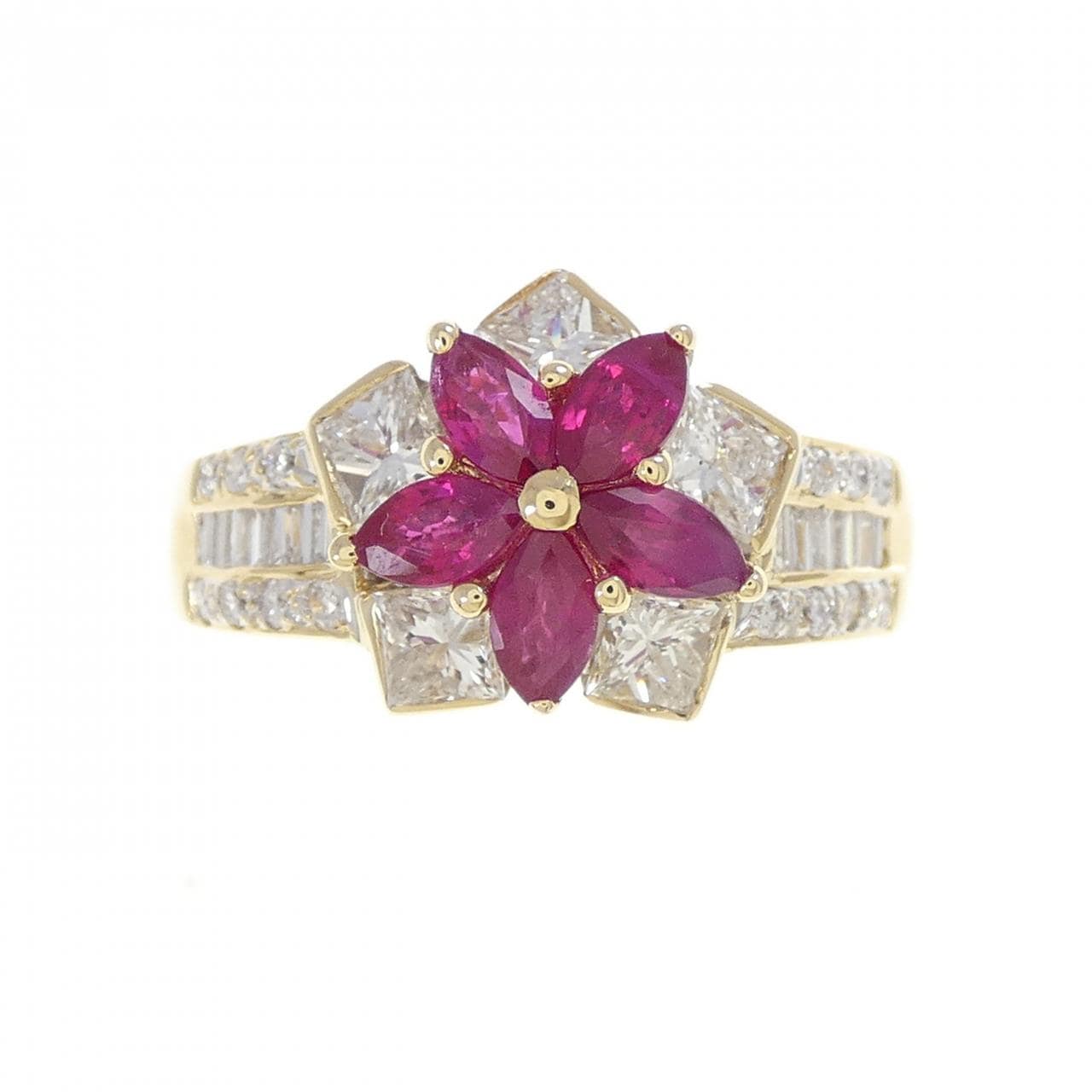 K18YG フラワー ルビー リング 0.87CT