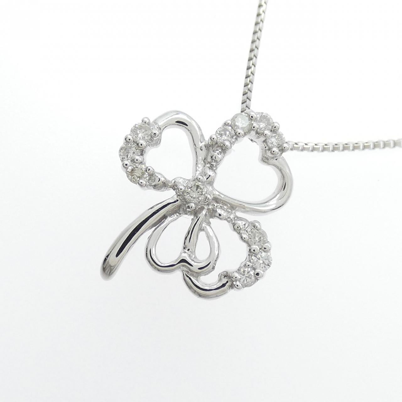 K18WG ハート?クローバー ダイヤモンド ネックレス 0.10CT