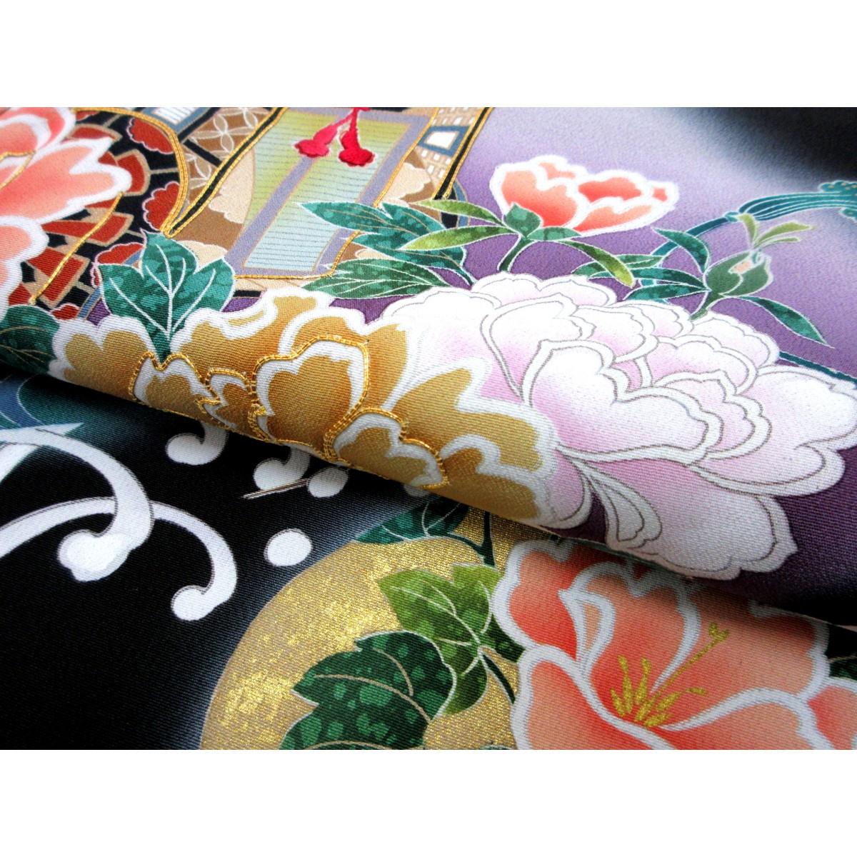 留袖　友禅金彩加工　刺繍入りボカシ染　違い鷹の羽　身幅３Ｌ寸