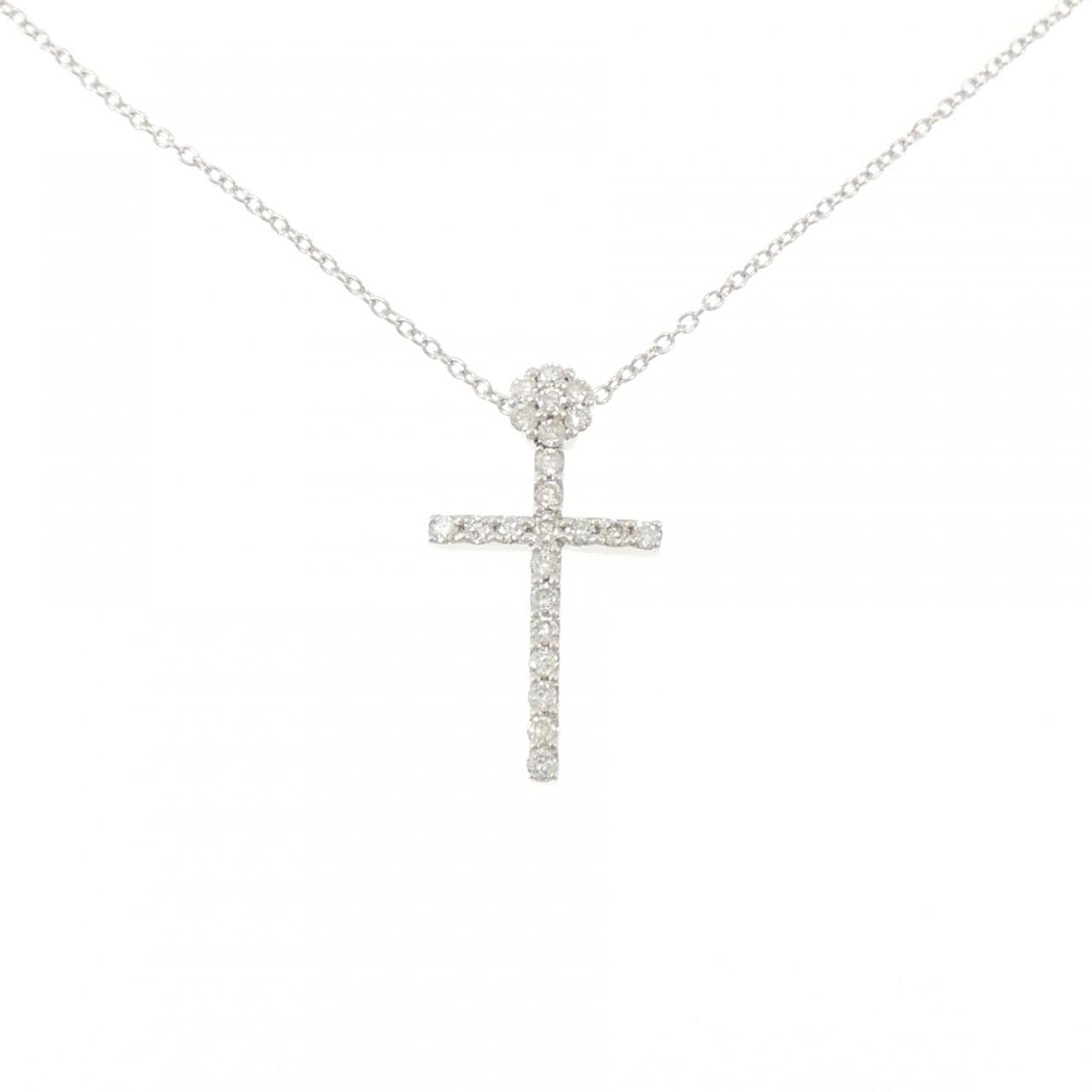 K18WG クロス×フラワー ダイヤモンド ネックレス 0.38CT