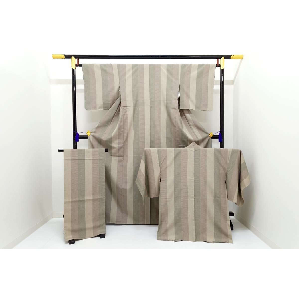 [Unused items] Tsumugi kimono, haori, shawl 3-piece set