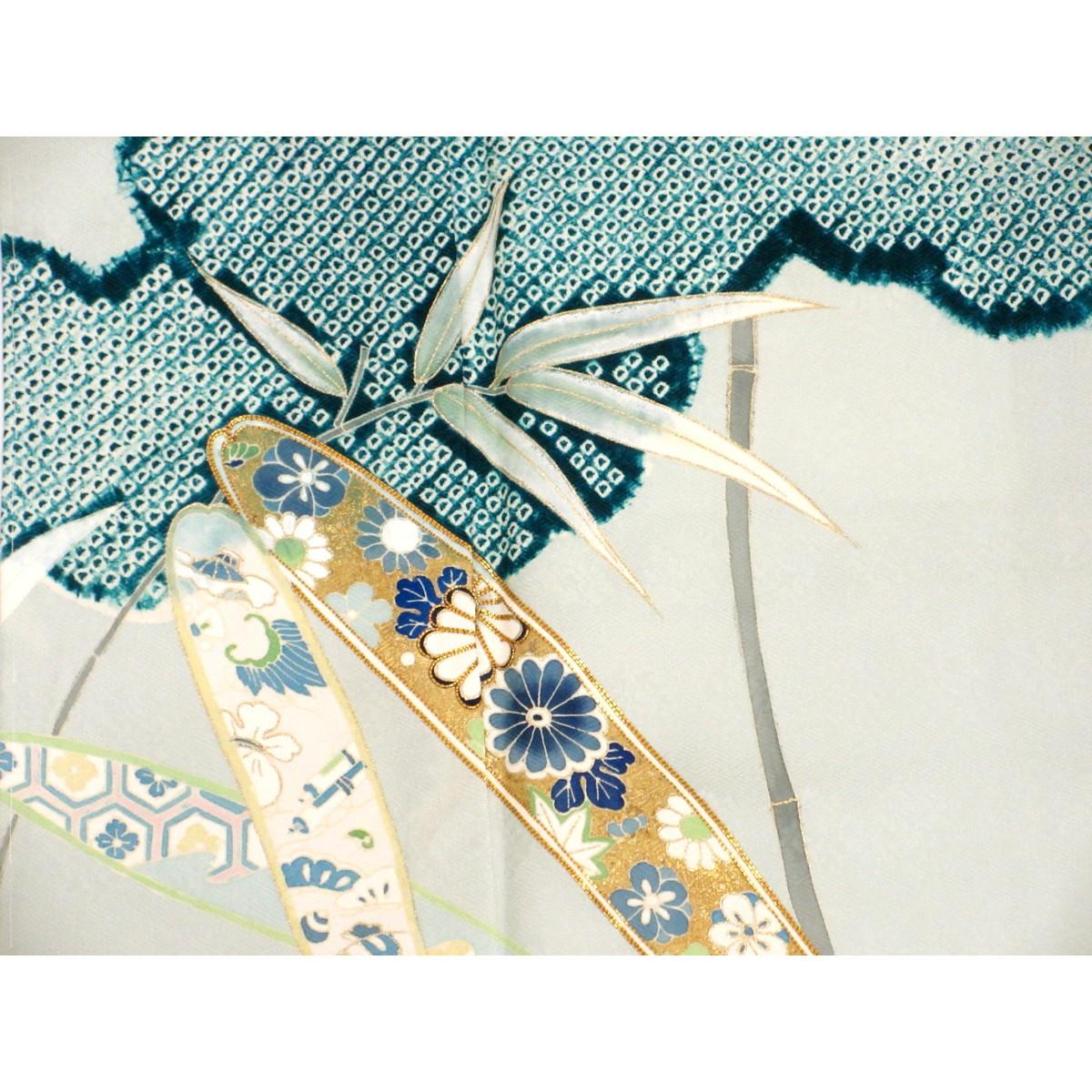 【未使用品】訪問着　吉川染匠　友禅金彩加工　刺繍入り絞り加工