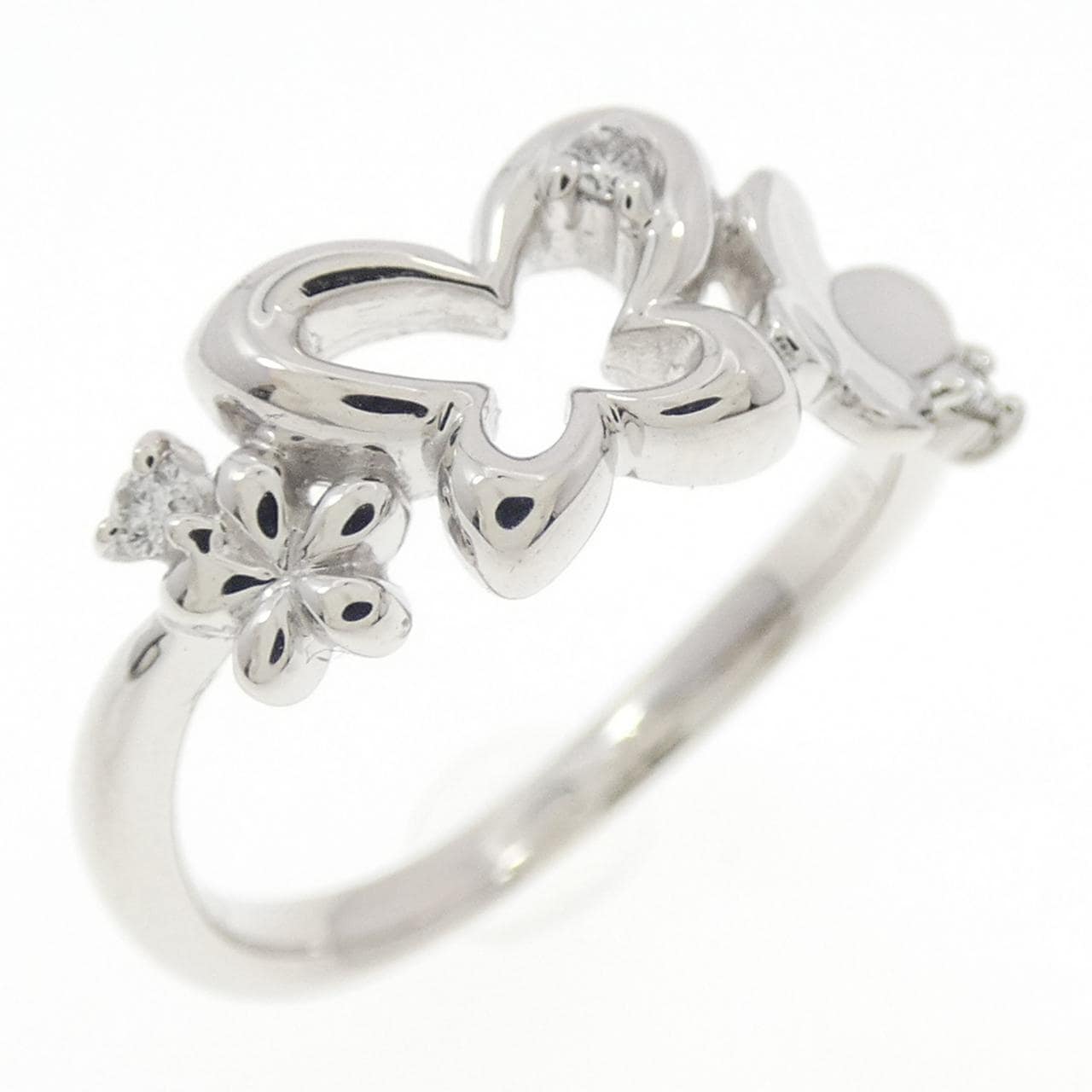 K18WG バタフライ×フラワー ダイヤモンド リング 0.03CT