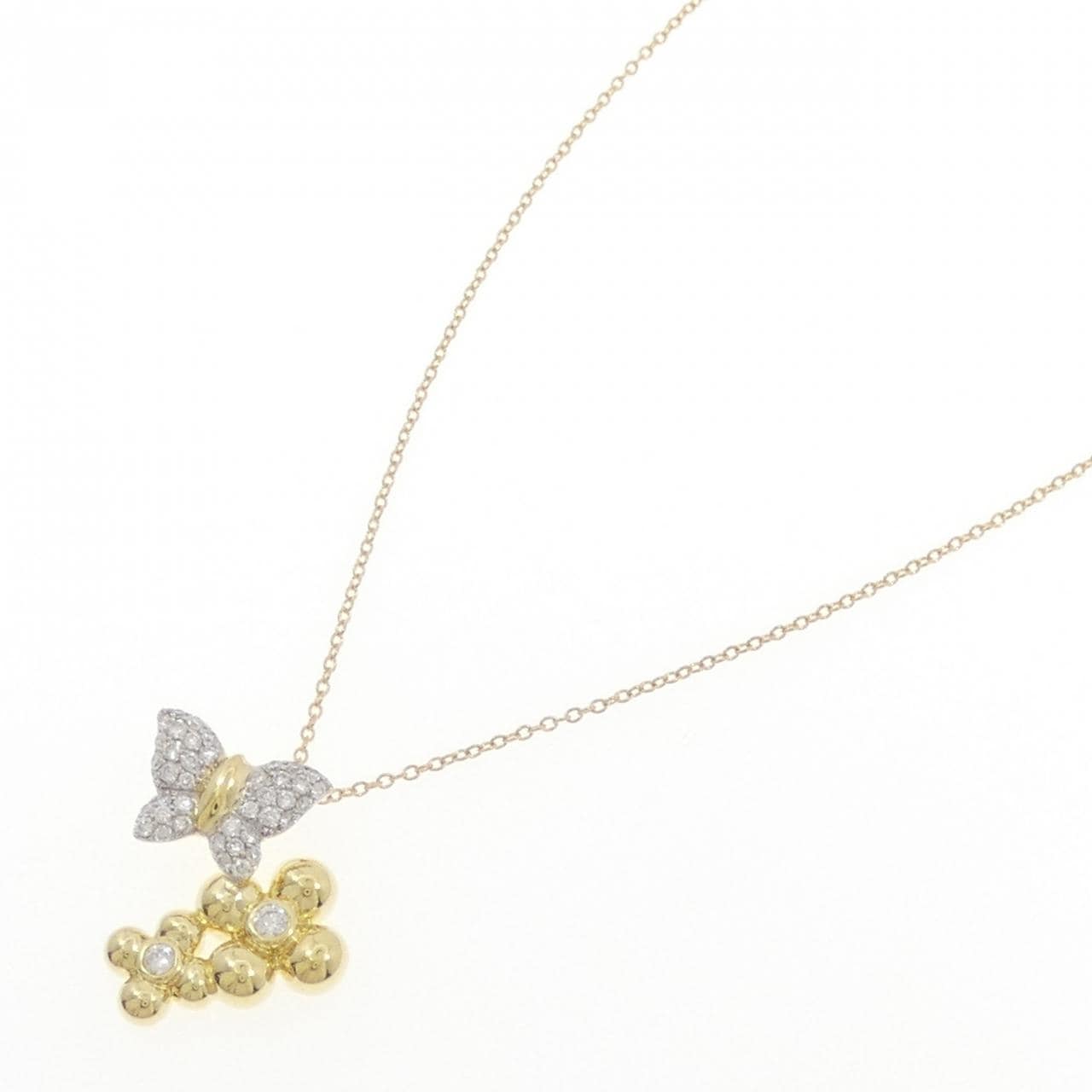 K18YG/K18WG バタフライ×フラワー パヴェ ダイヤモンド ネックレス 0.45CT