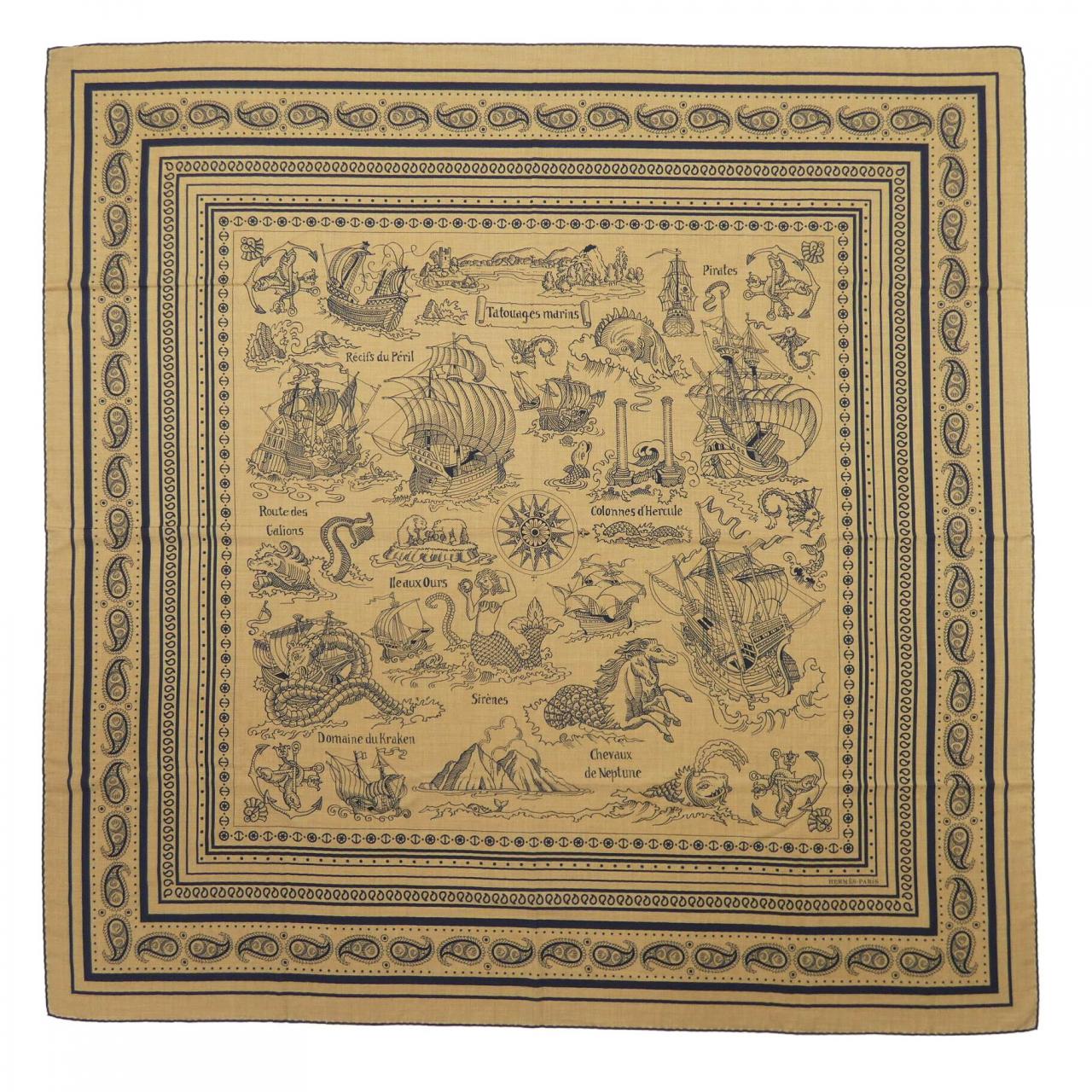 エルメス HERMES TATOUAGES MARINS BANDANA H243374S カレジェアン140 ショール