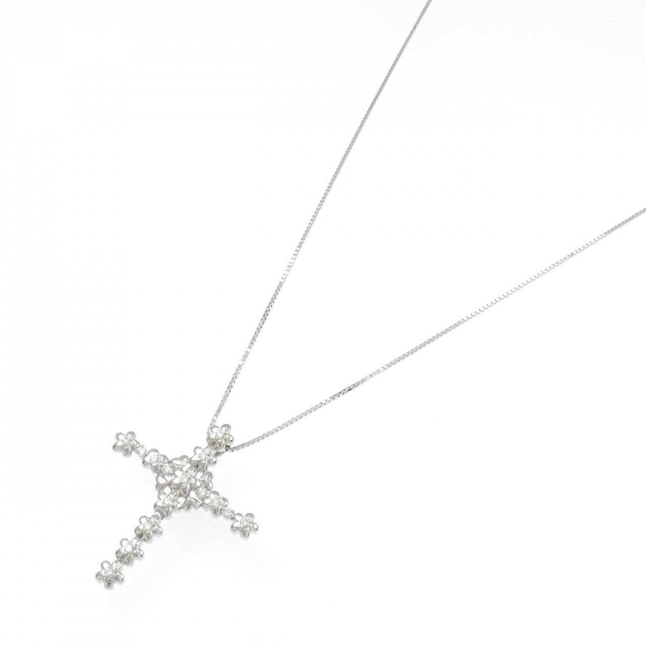 K18WG クロス×フラワー ダイヤモンド ネックレス 0.21CT