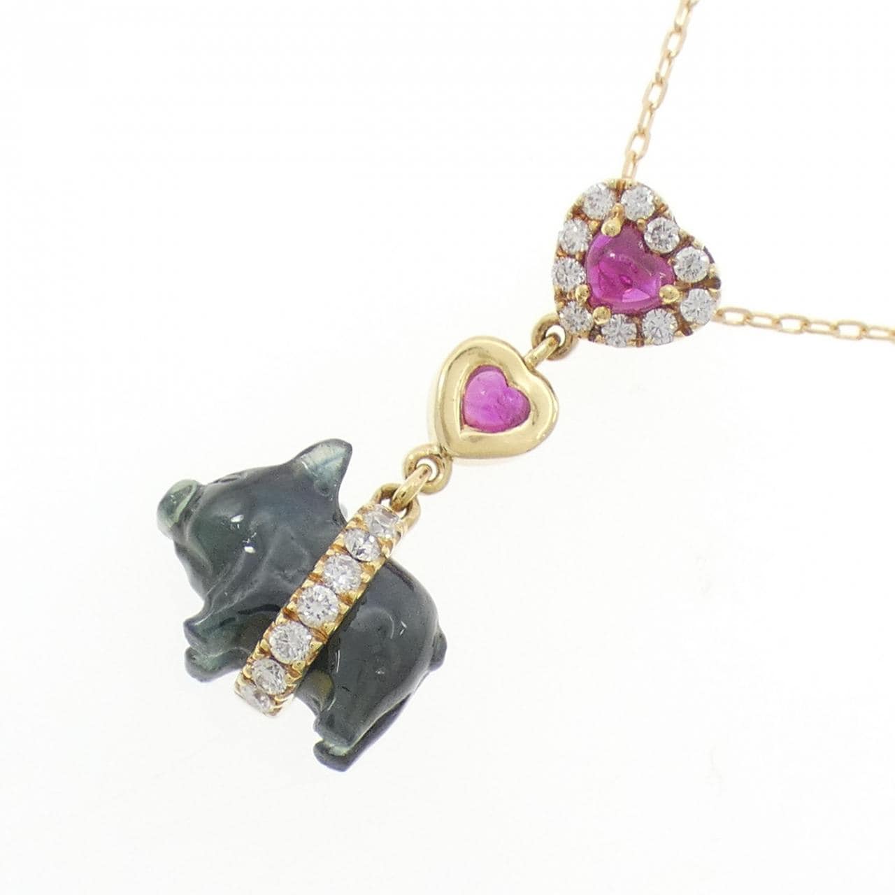 K18YG ハート×ピッグ カラーストーン ネックレス