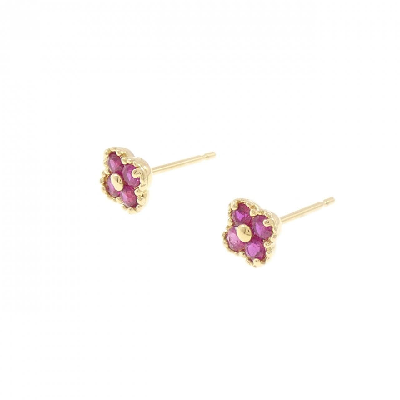 K18YG フラワー ルビー ピアス 0.30CT
