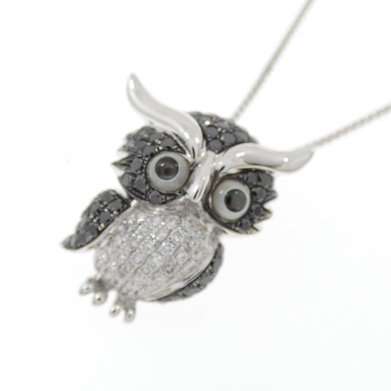 K18WG/K18BG フクロウ パヴェ マザーオブパール ネックレス