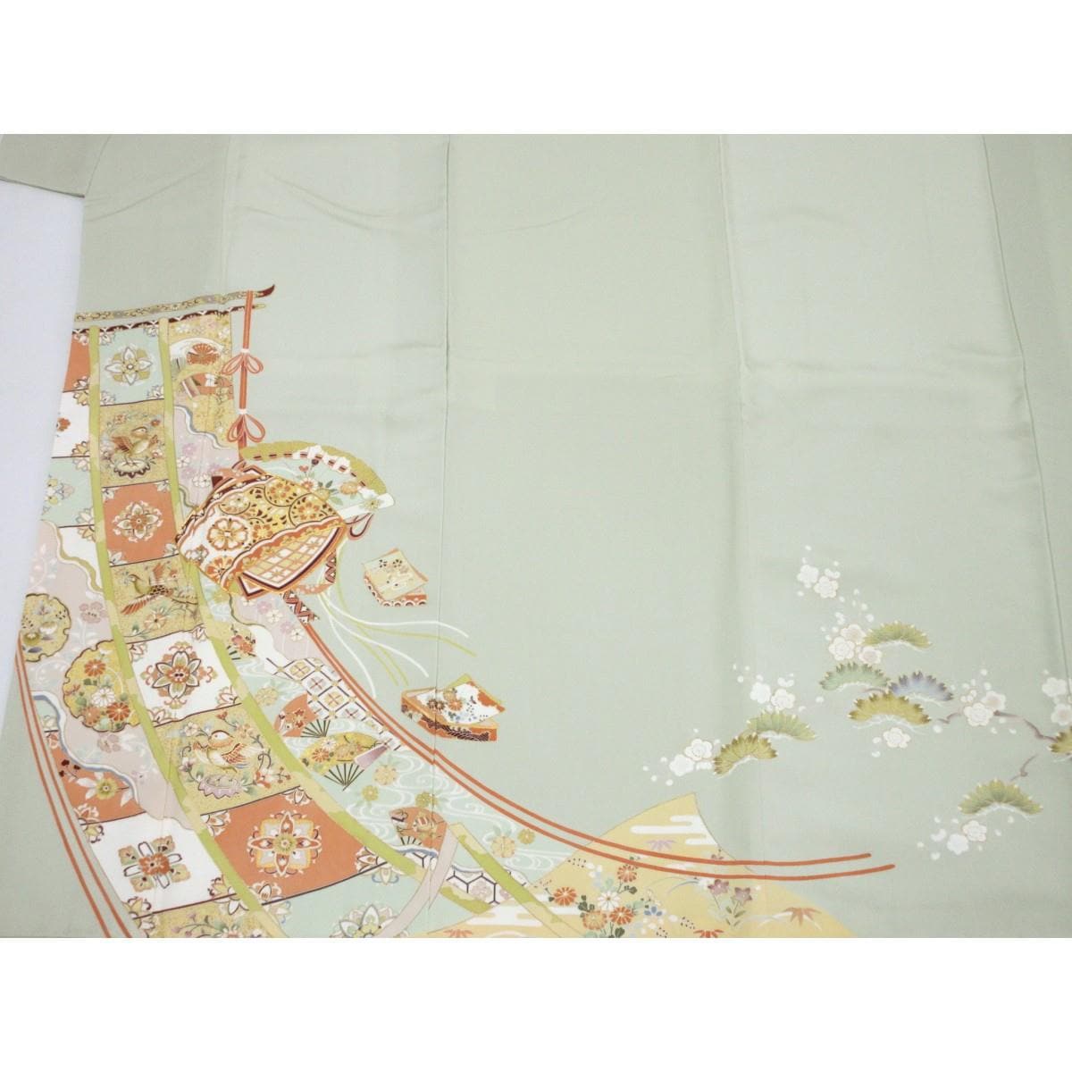 色留袖　友禅金彩加工　刺繍入り　丸に抱茗荷