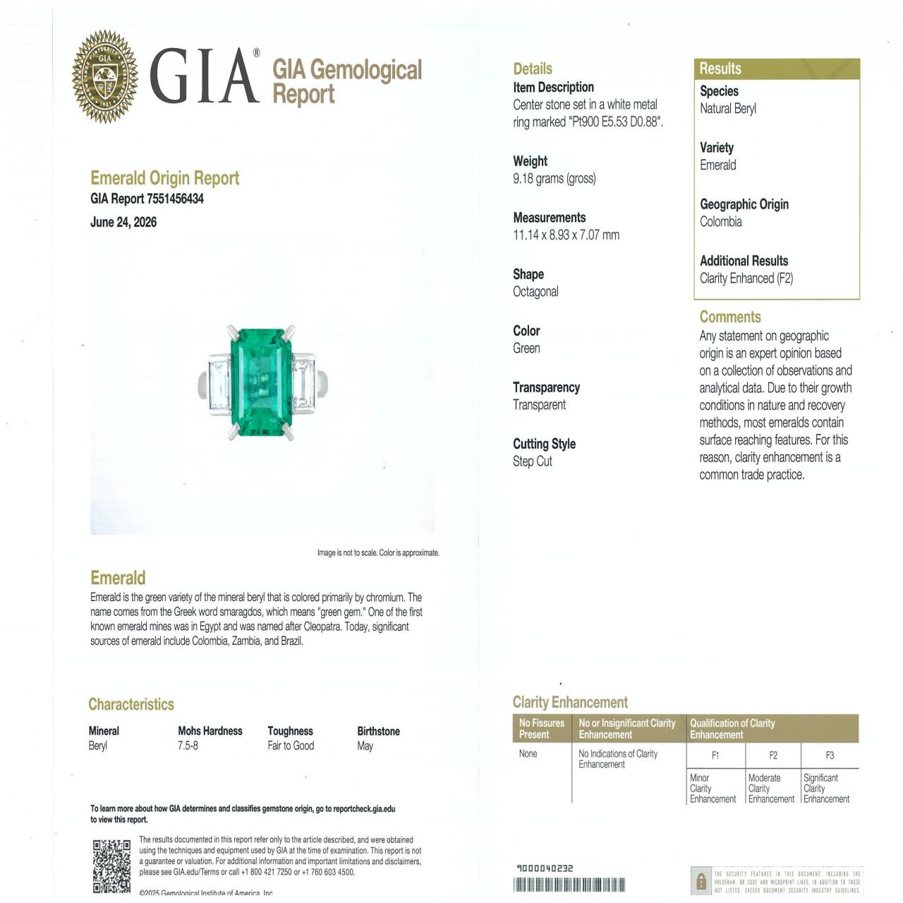 PT900 エメラルド リング 5.53CT コロンビア産
