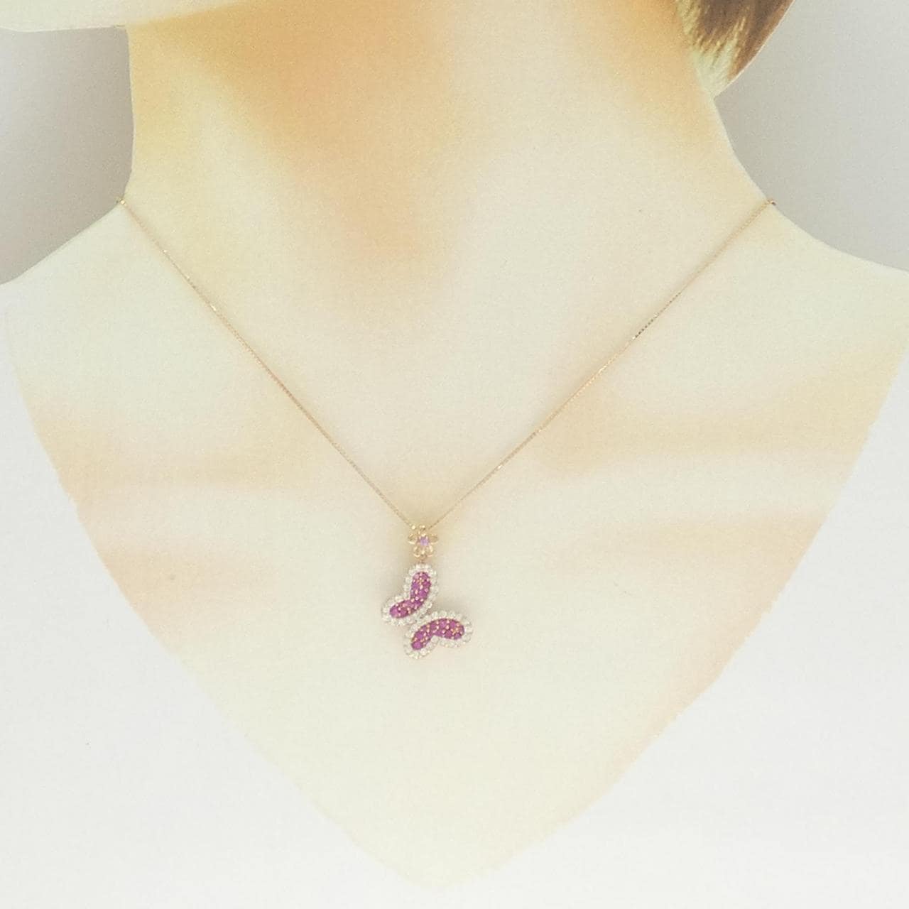 K18PG バタフライ×フラワー カラーストーン ネックレス