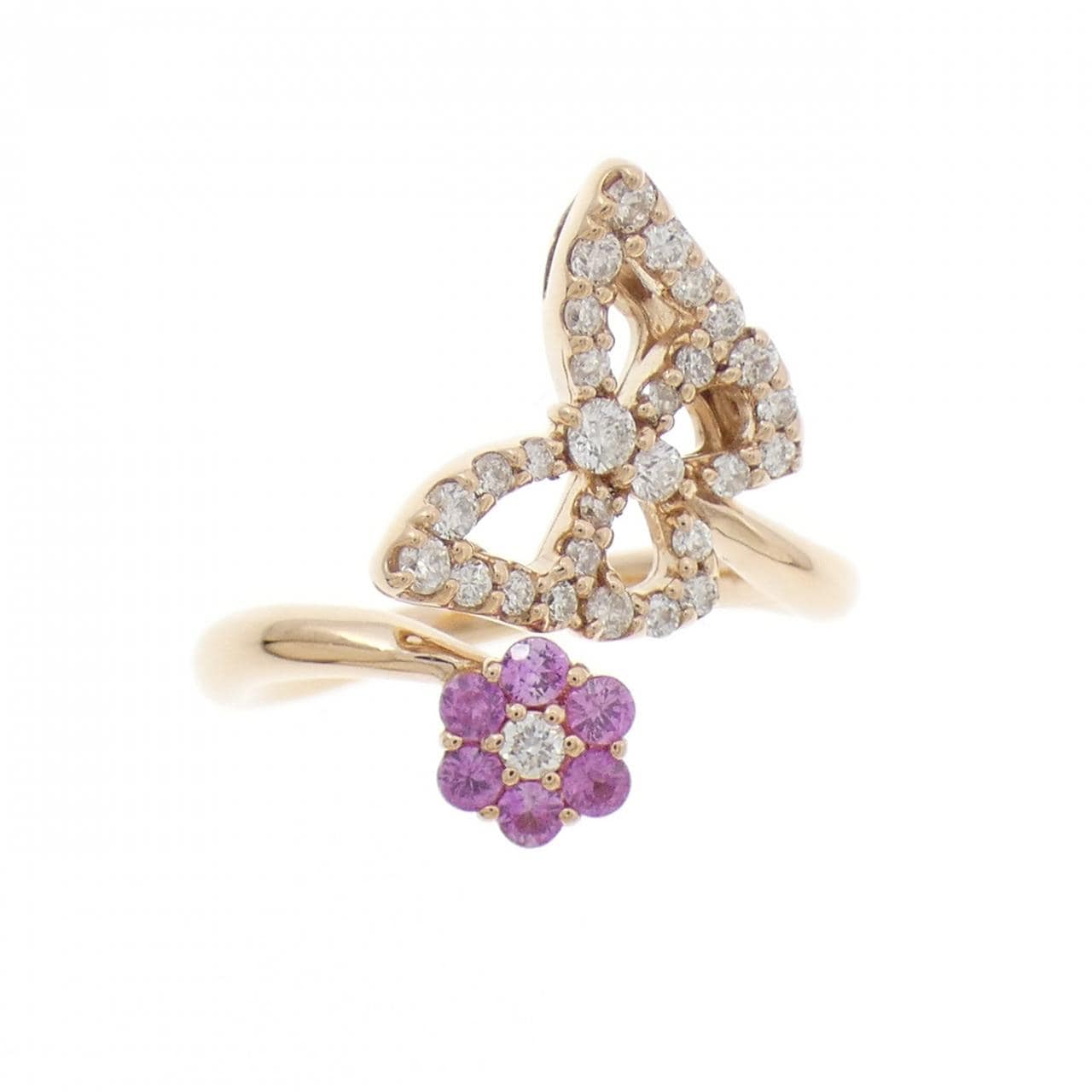 K18PG花朵×蝴蝶藍寶石戒指0.18CT