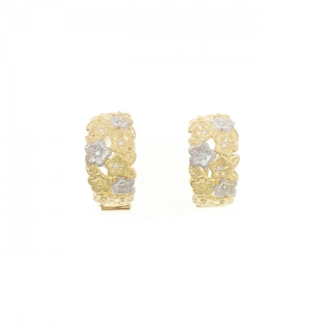 K18YG/PT900 フラワー ダイヤモンド イヤリング 0.06CT